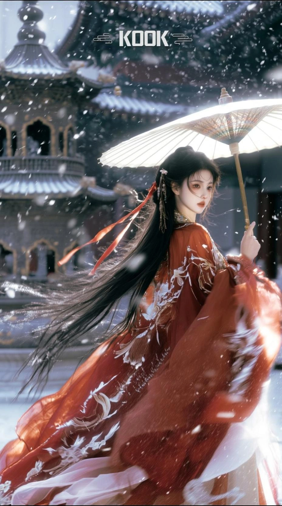 雪中红衣仕女，伞下风华绝代