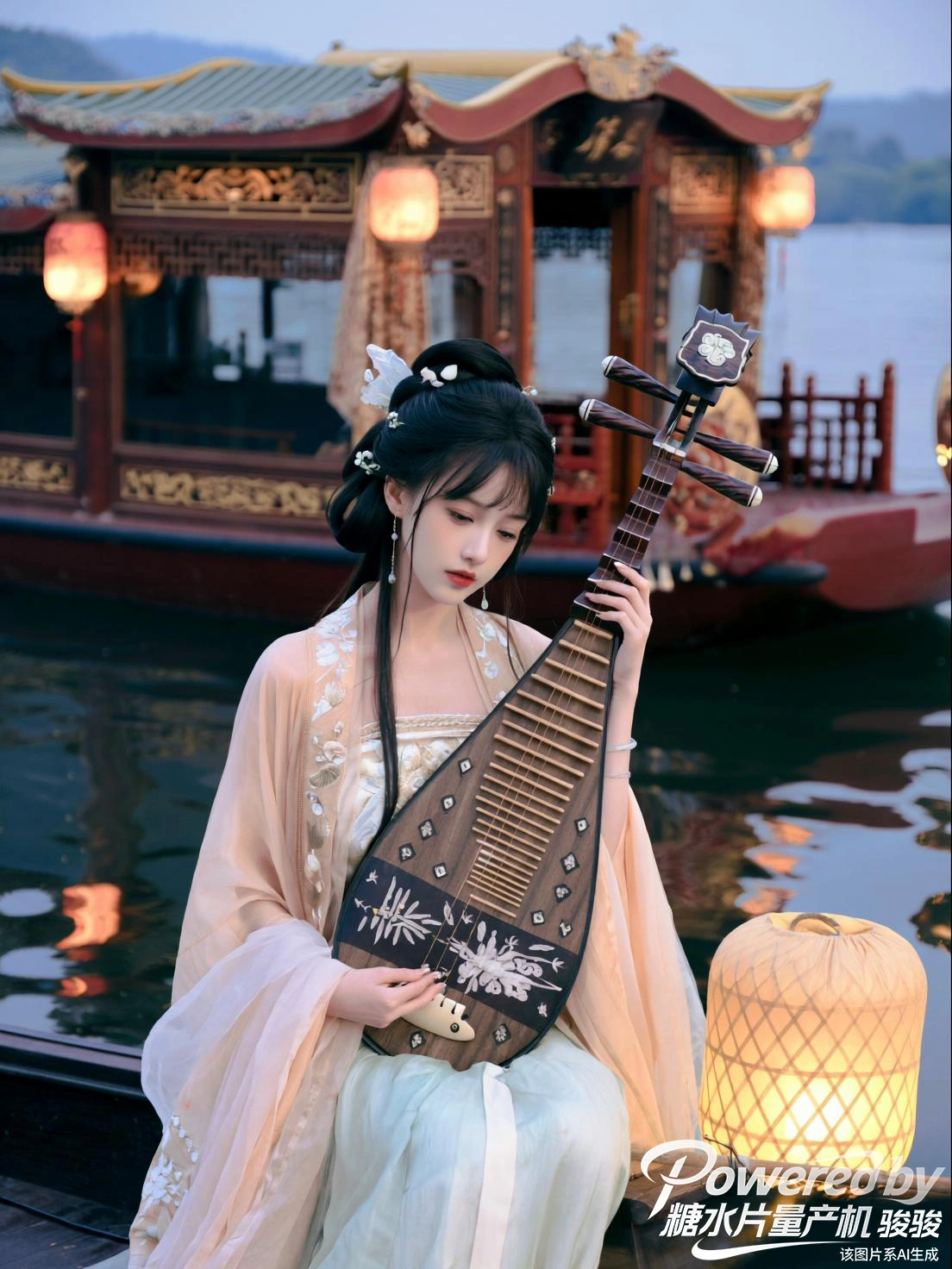 暮色里，古舫红灯映着涟漪