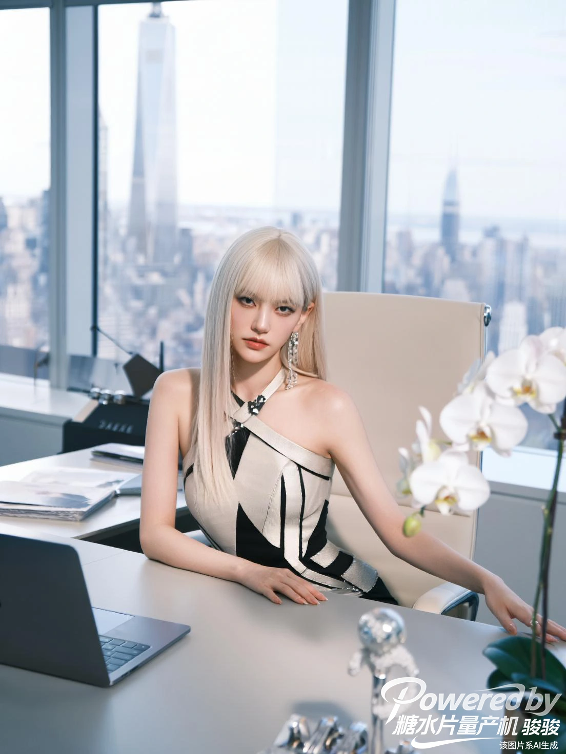 在冷硬的混凝土建筑间，正红裙装如火焰划破灰色