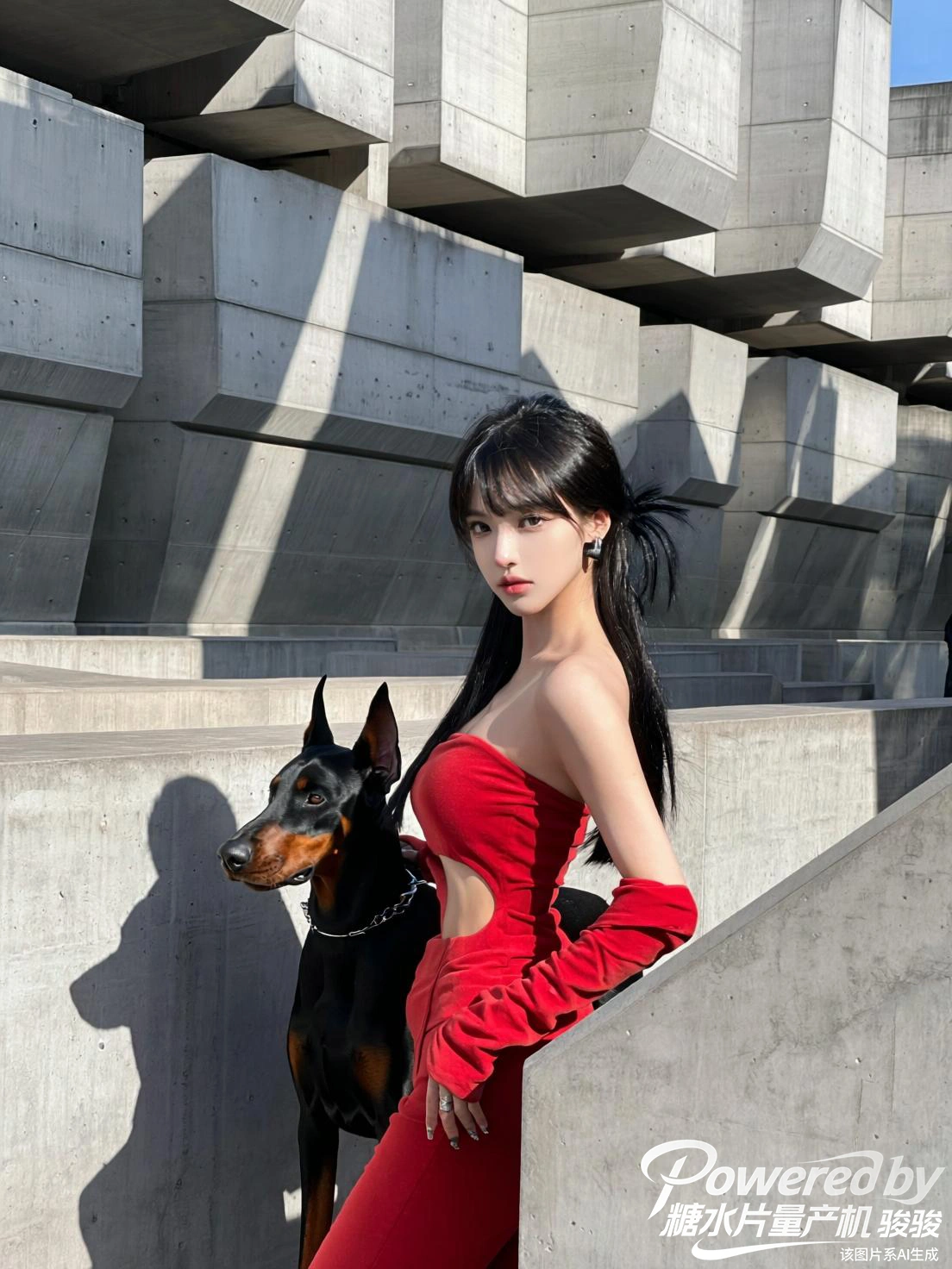 在冷硬的混凝土建筑间，正红裙装如火焰划破灰色