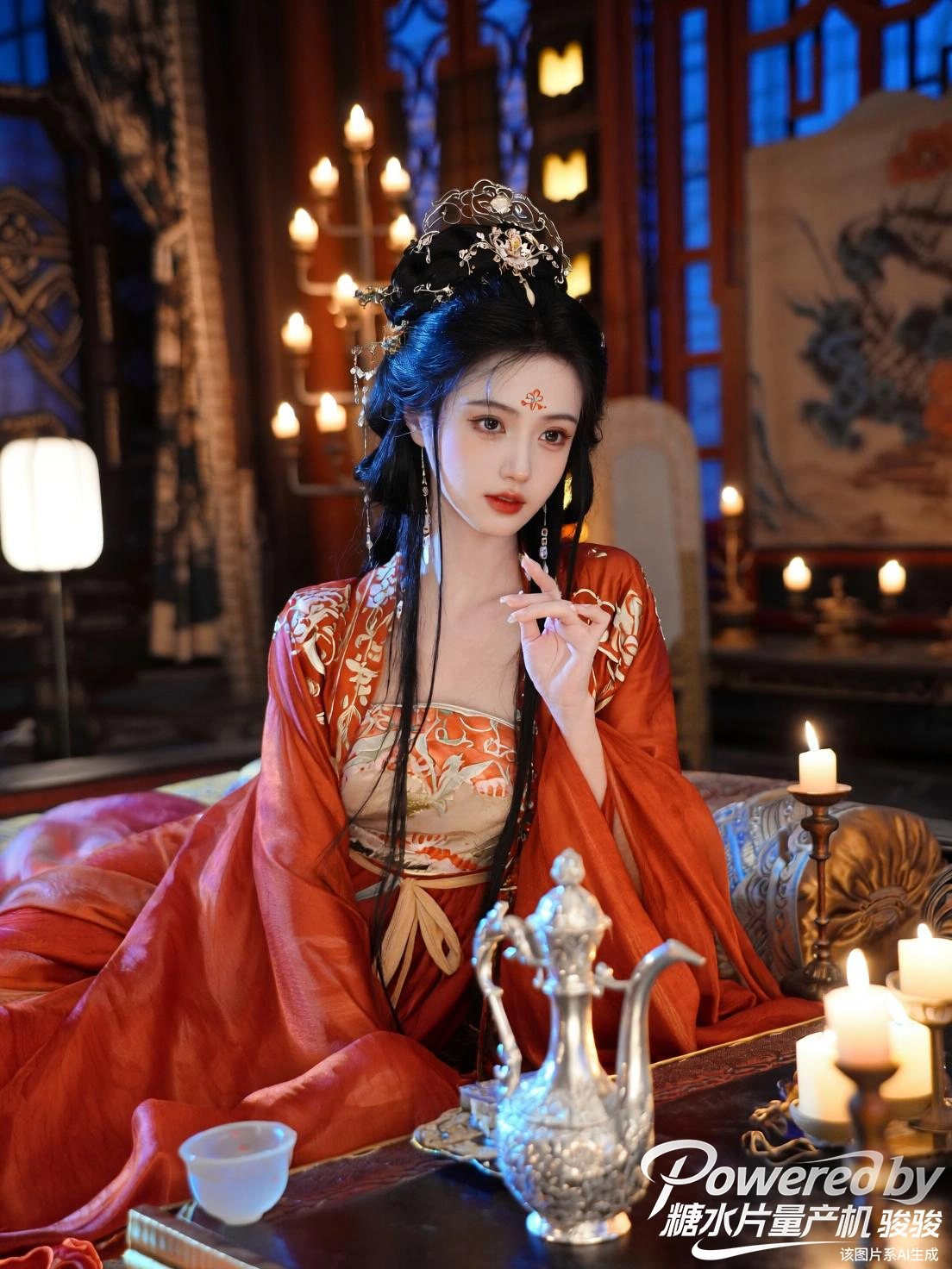 烛火摇曳的古殿里，绯红襦裙衬着银壶流光