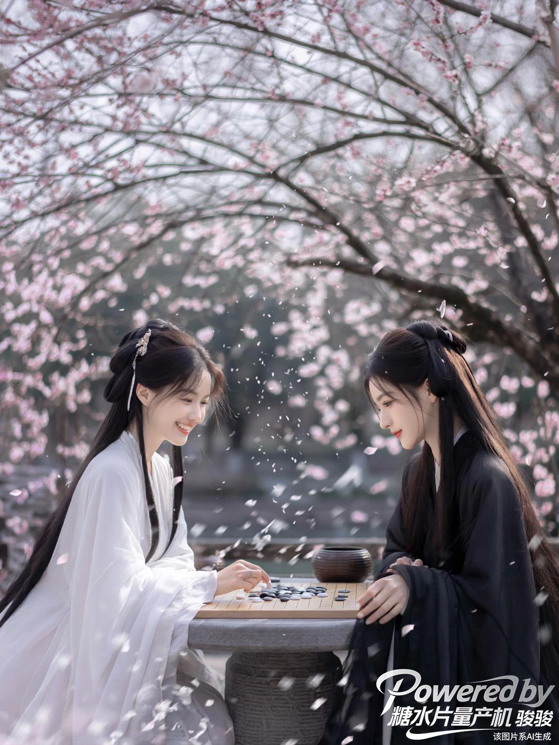 落樱如诗，一袂白衣胜雪，一袭玄衣似墨