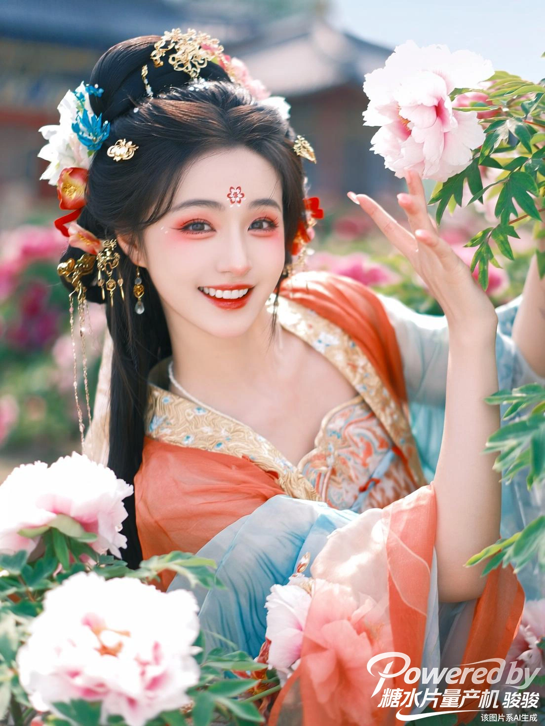 牡丹花海中，金饰流光与花簇争艳