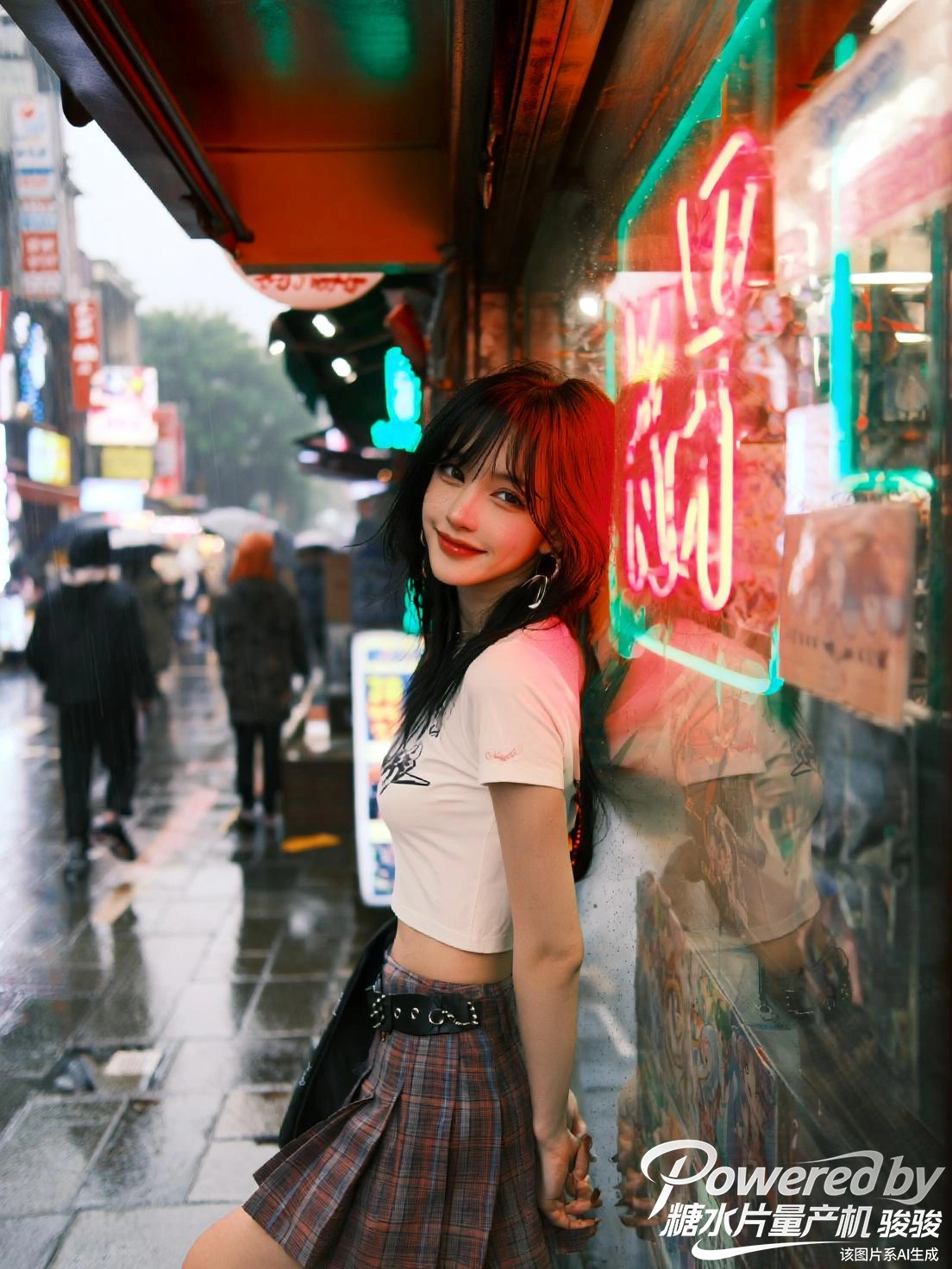 雨夜的霓虹街景里，把格裙与短 T 穿出涩谷风