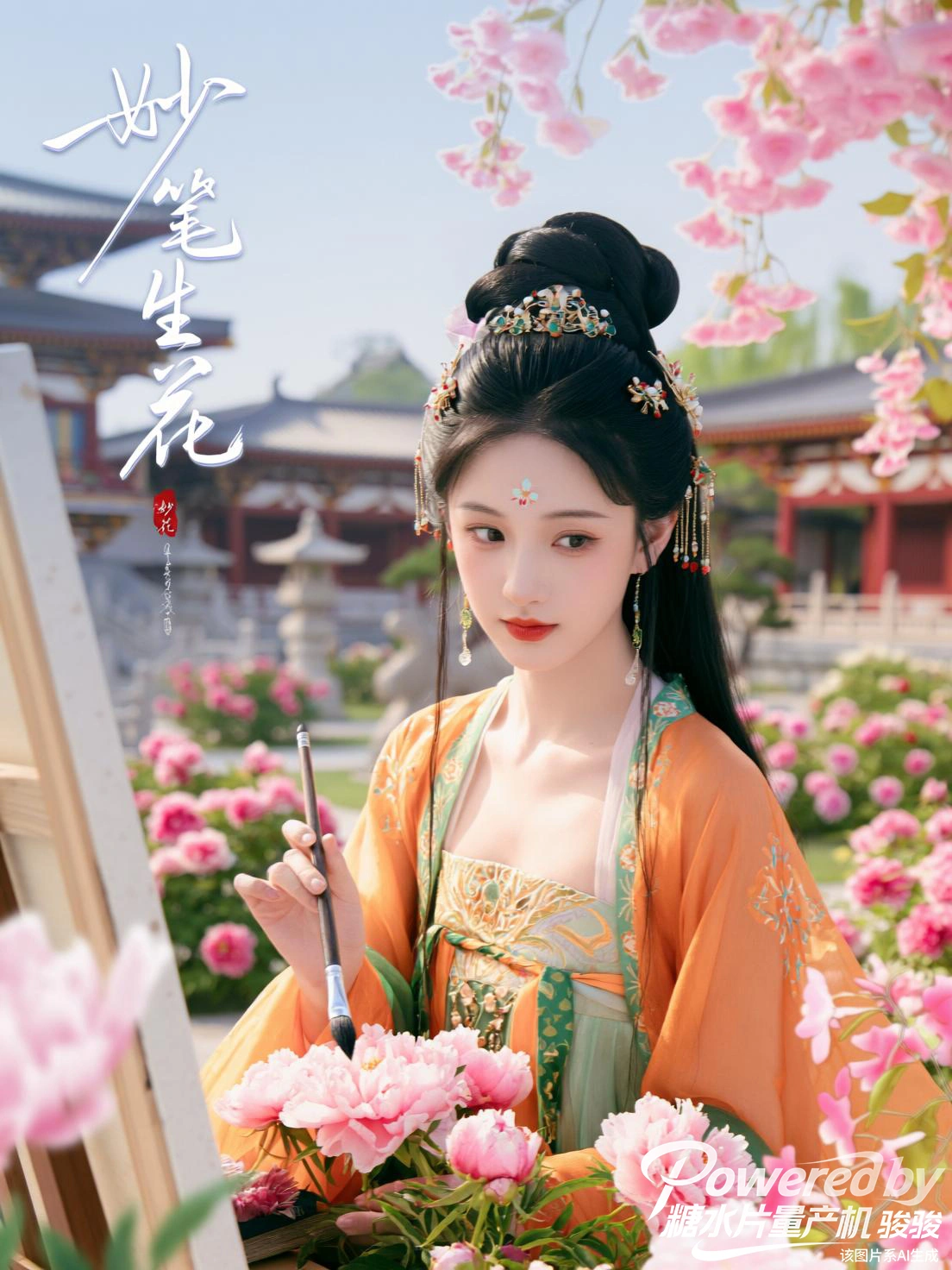 繁花簇拥中，唐装的刺绣与笑靥同框