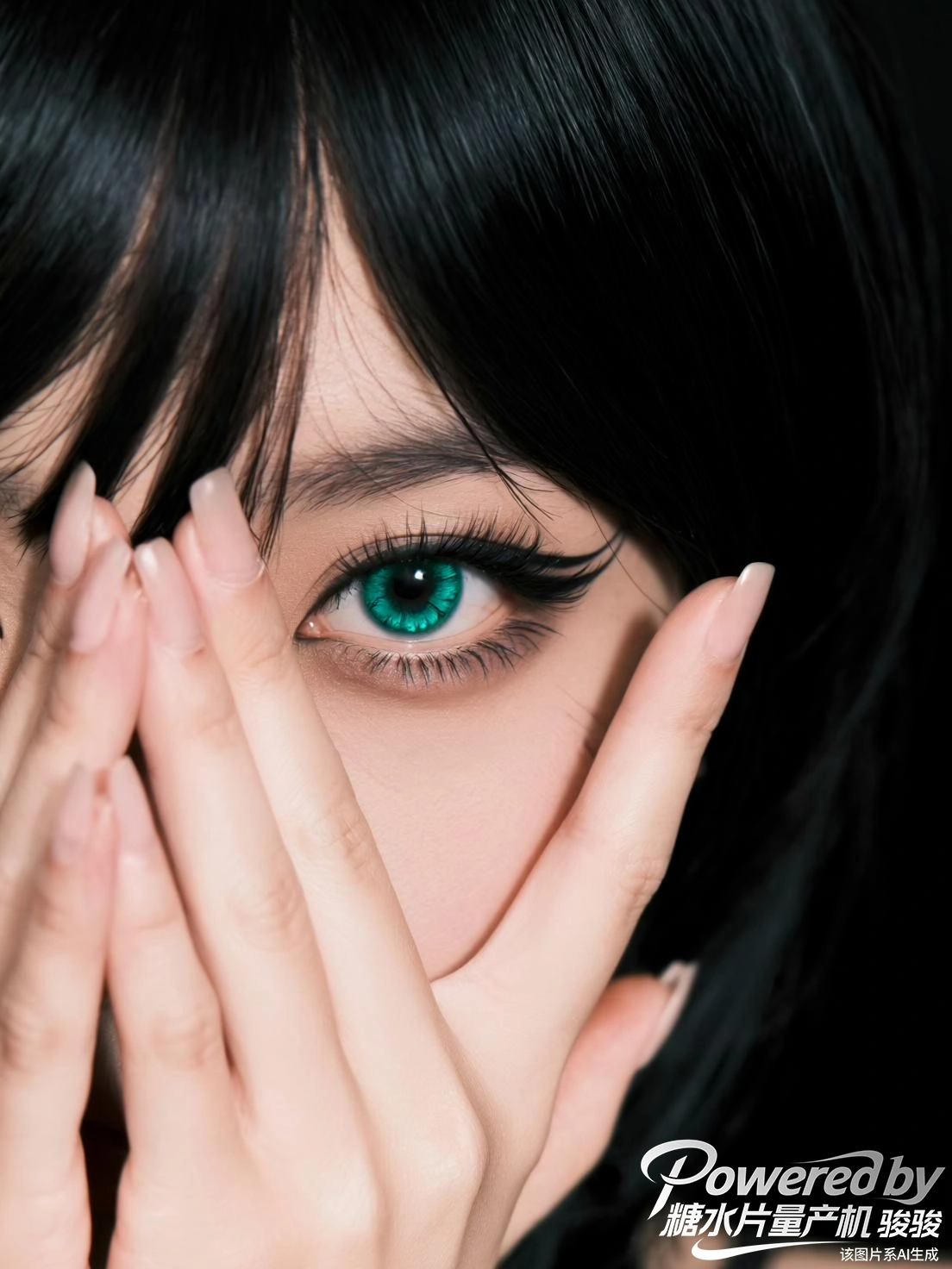 指尖轻掩，只露一汪青绿如秘境的眼眸