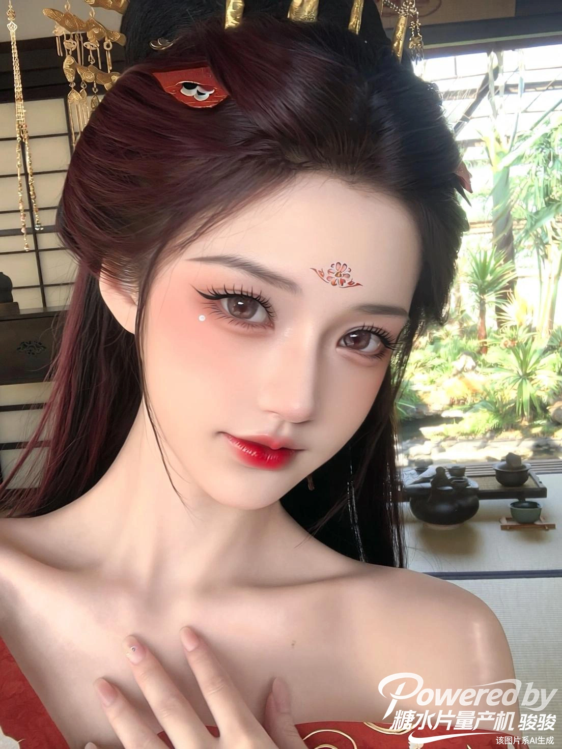 花钿点额，朱唇映红