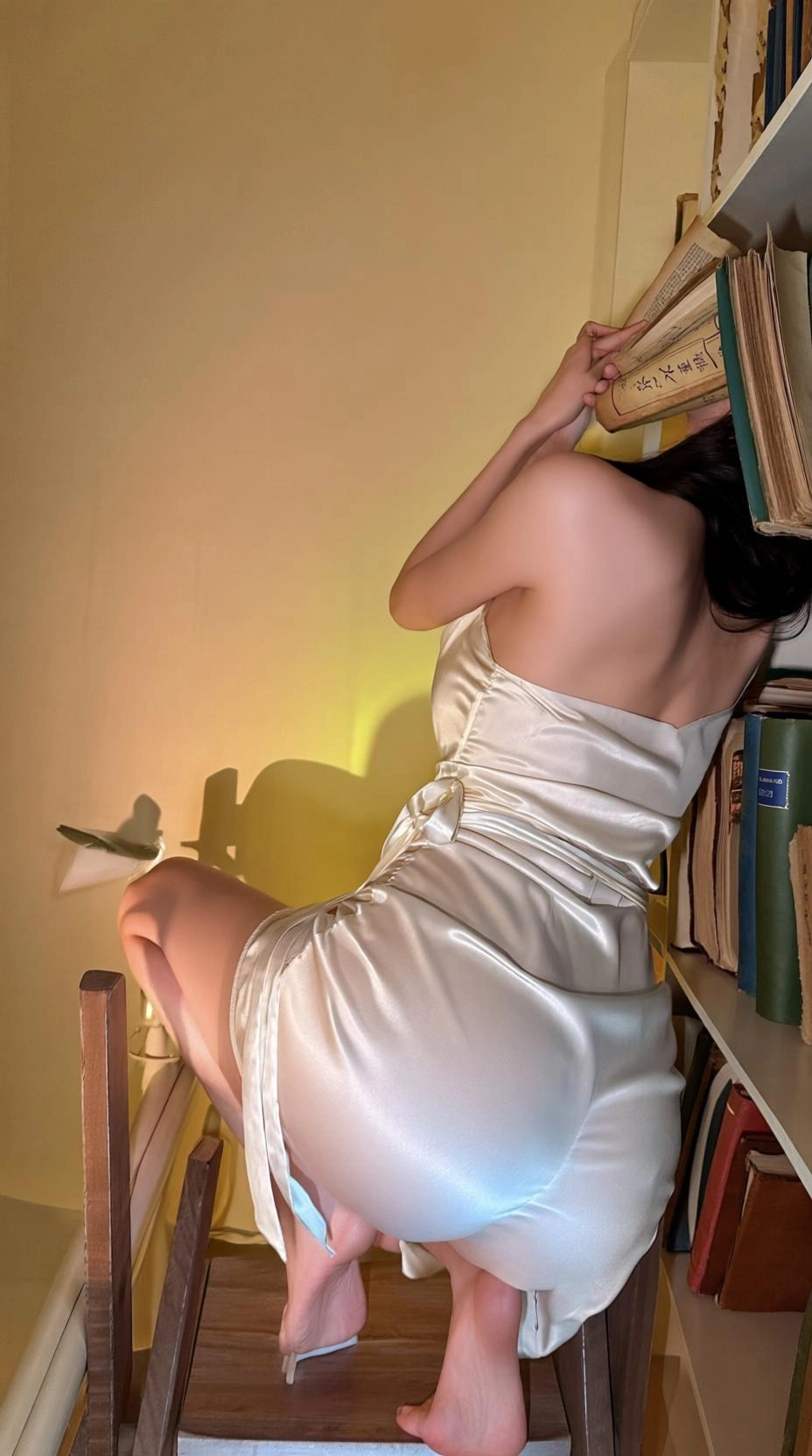 一位女性跪坐在书架顶层梯凳上,穿真丝睡袍式连衣裙整理古籍,袍