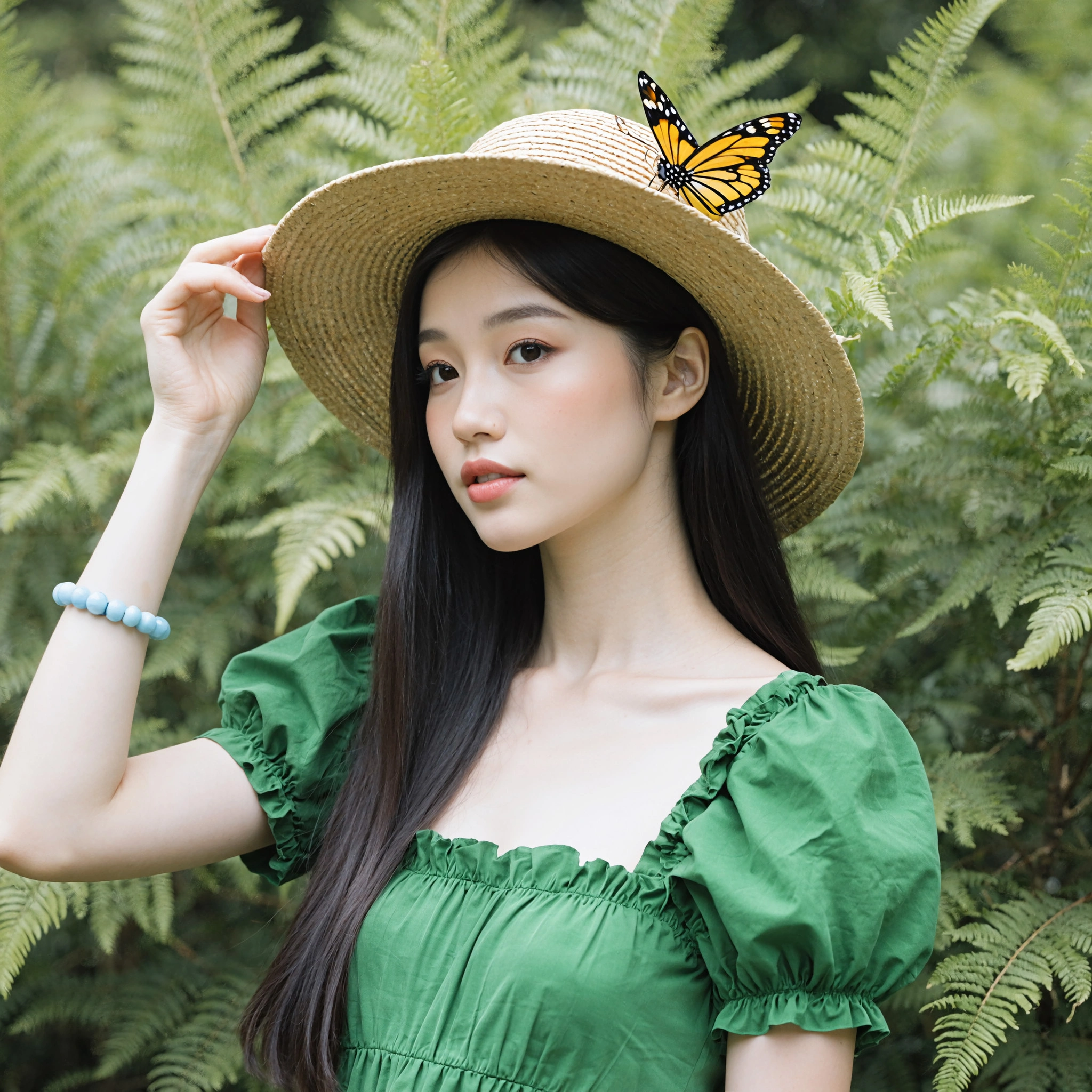 一个绿裙美女在看着你