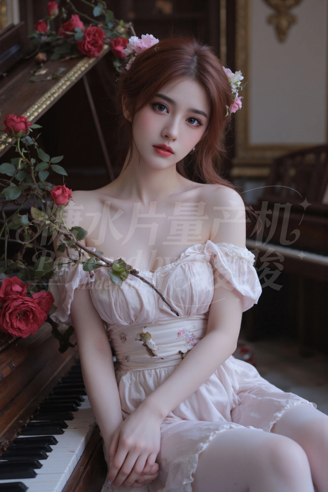 古钢琴旁，花裙与玫瑰共色