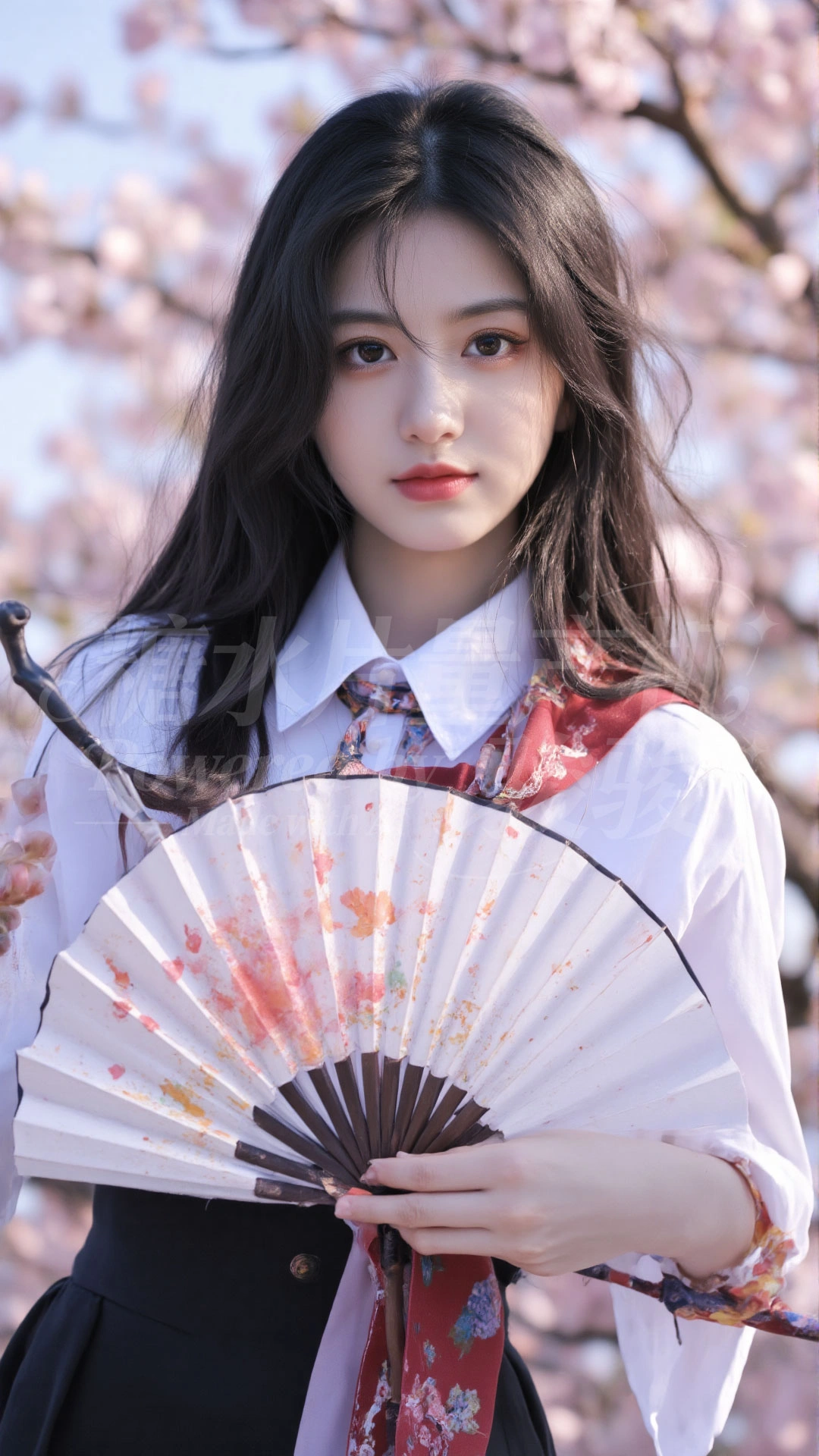 一袭白裙露肩，与青竹相映