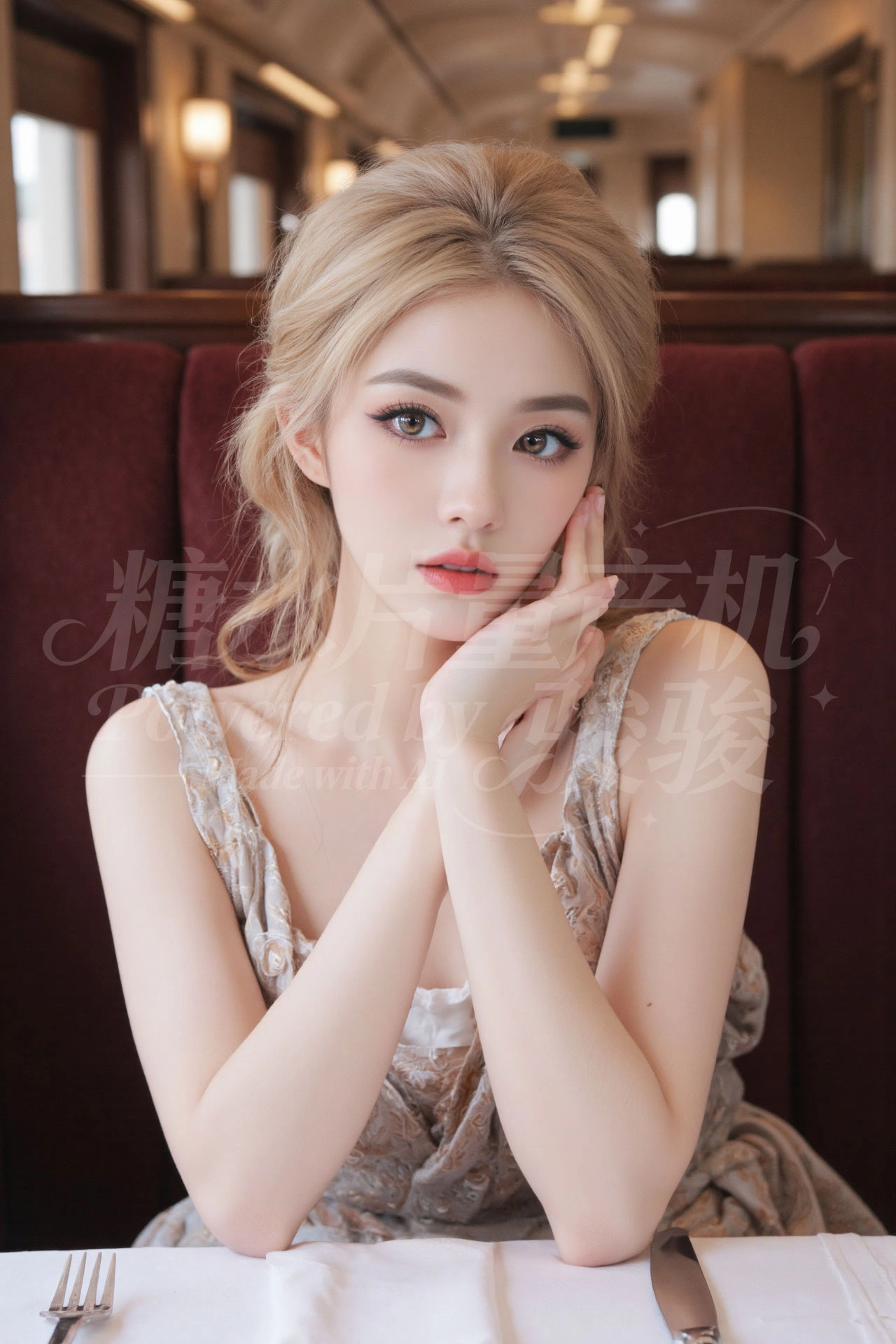 一袭白裙露肩，与青竹相映