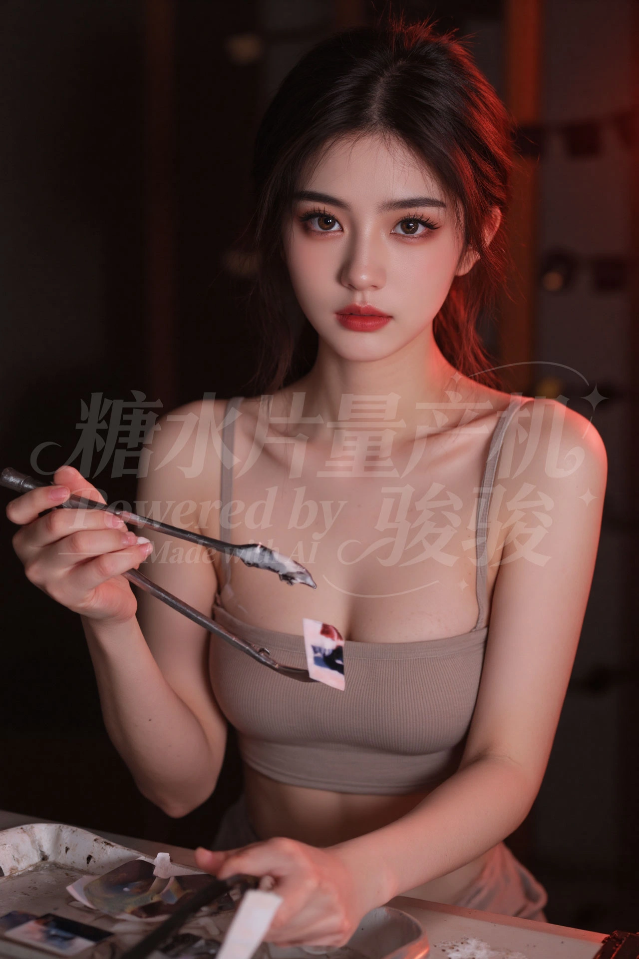 温室秘境中，绿蓝渐变长发与碎花抹胸相融