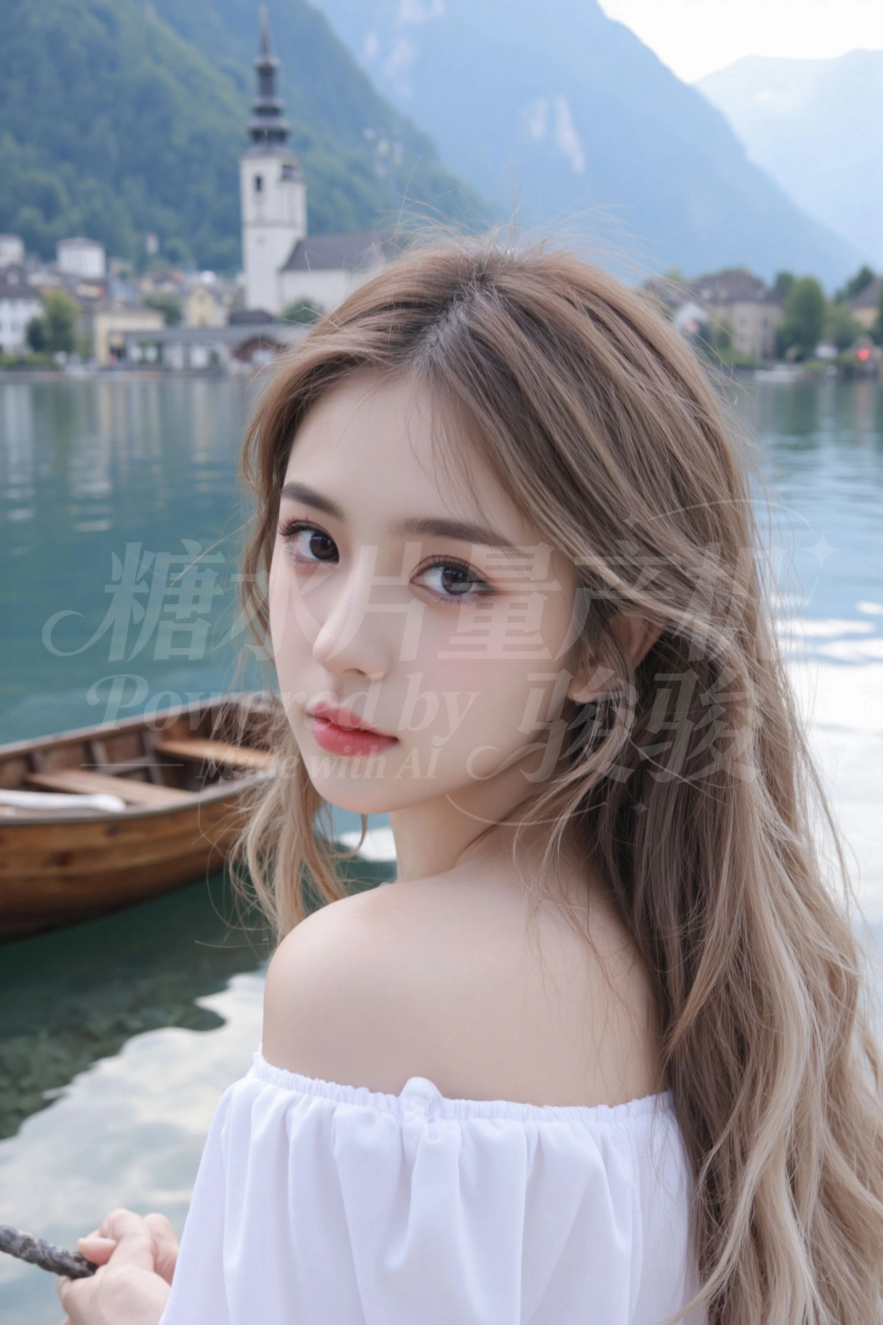 哈尔施塔特湖畔，一袭白裙与湖光教堂同框