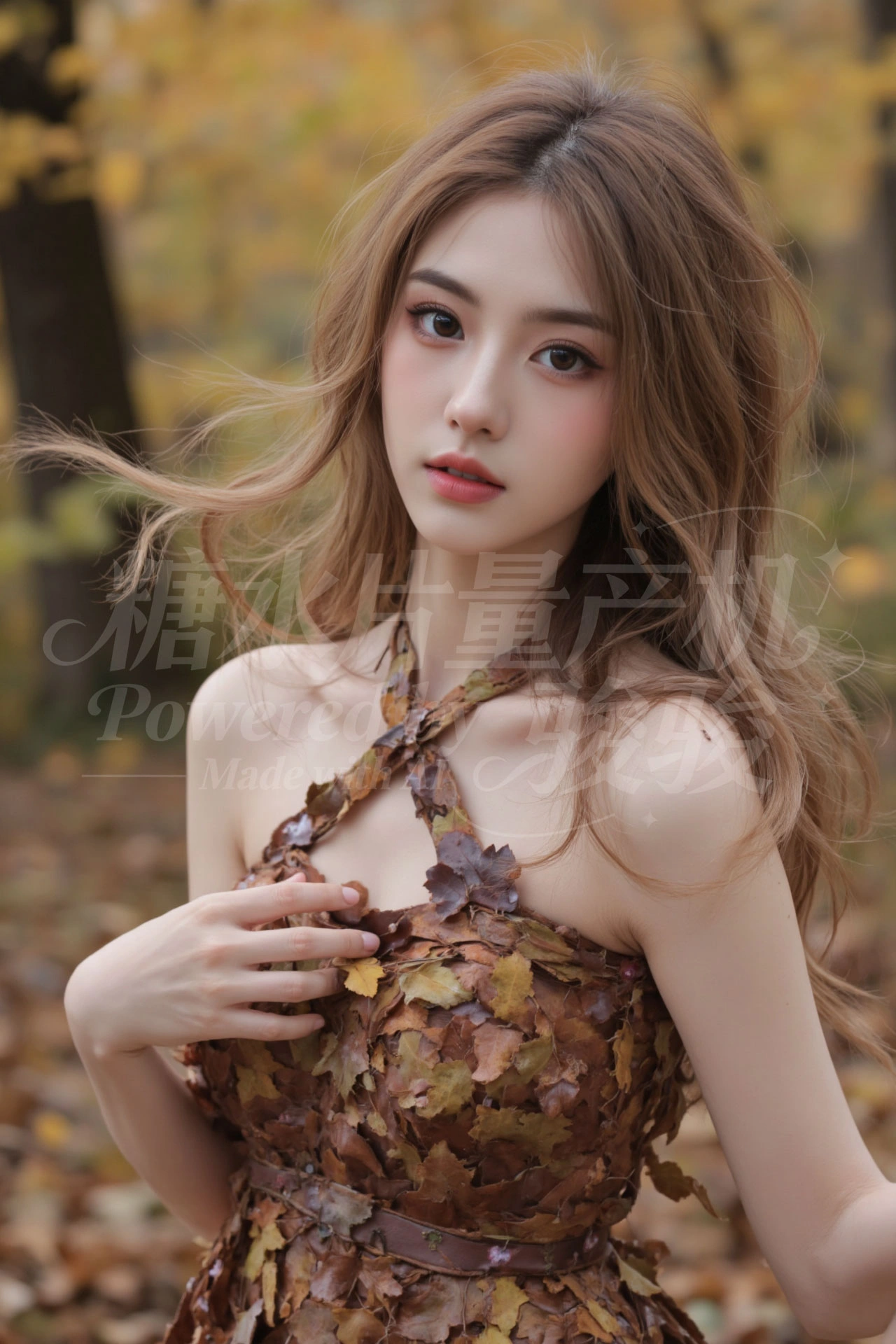 身披落叶织就的华裳，发丝随秋风轻扬