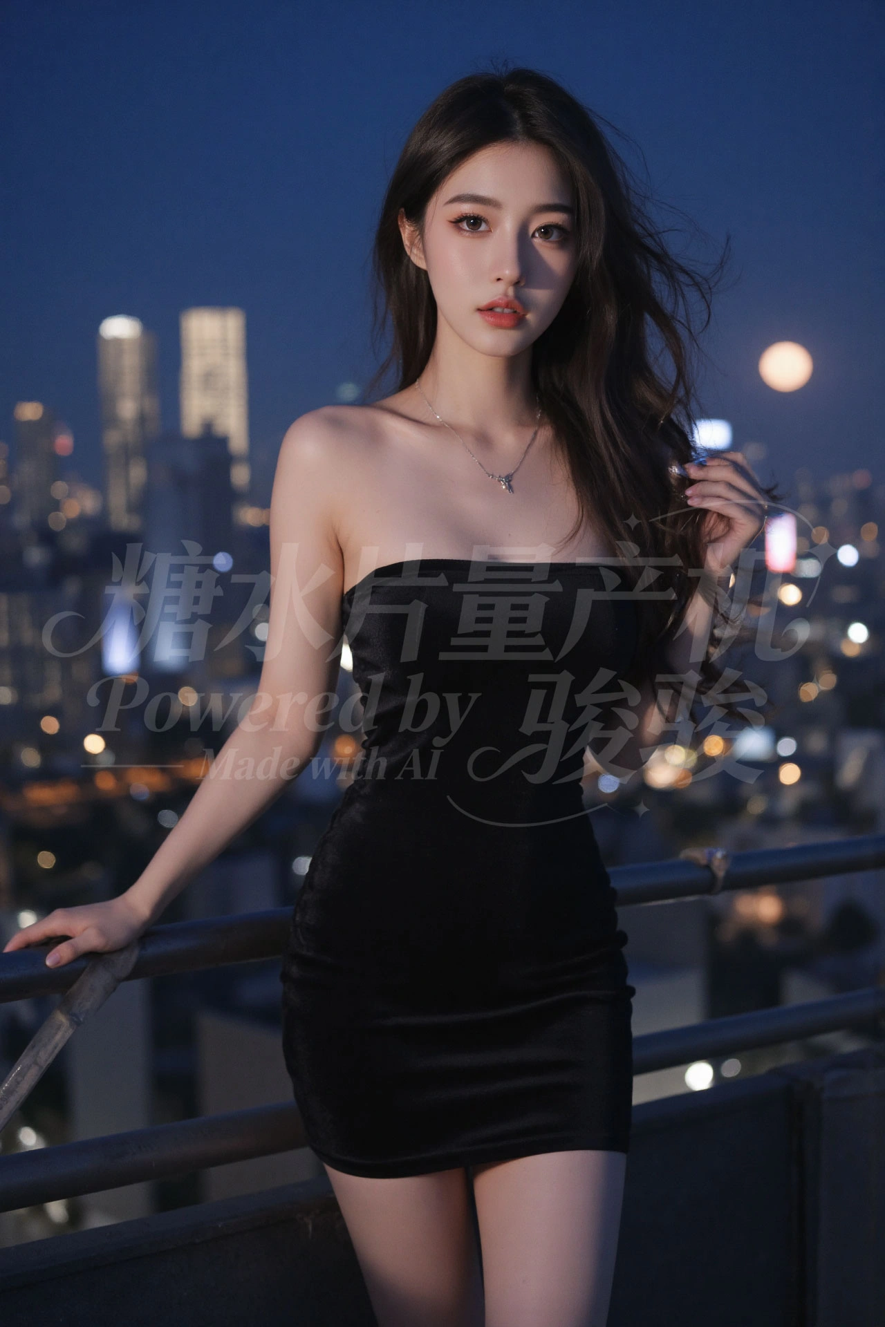 一袭黑丝绒抹胸裙，与都市霓虹共舞