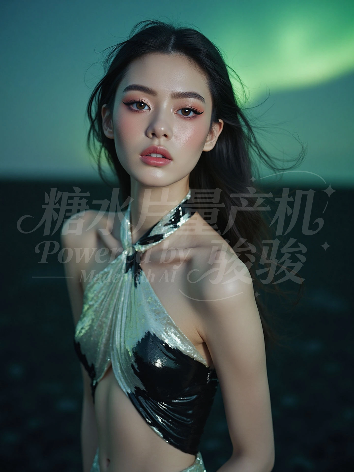 一袭黑丝绒抹胸裙，与都市霓虹共舞