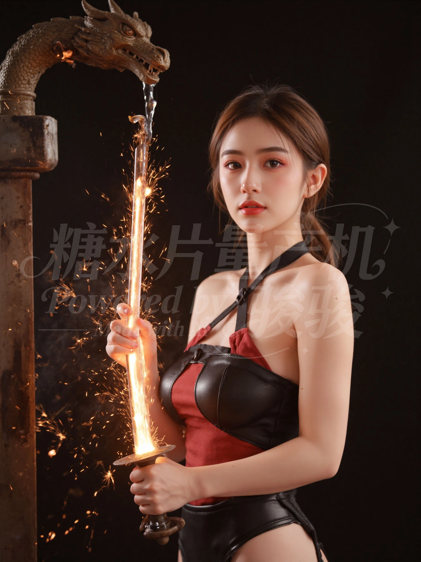 瀑布穹顶下，粉发如霞，白裙似云