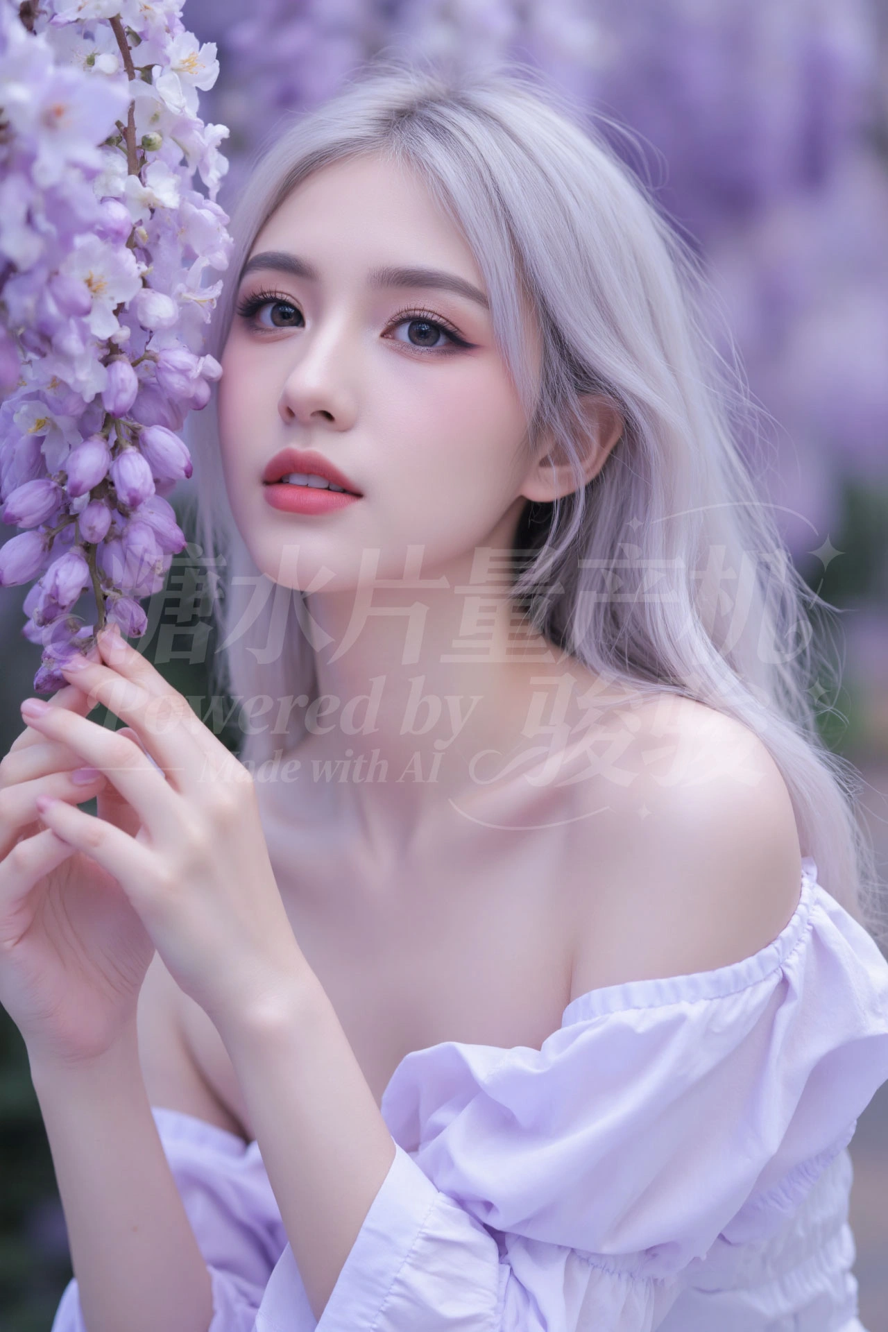 紫藤花瀑下，银发白裙，手捻花穗