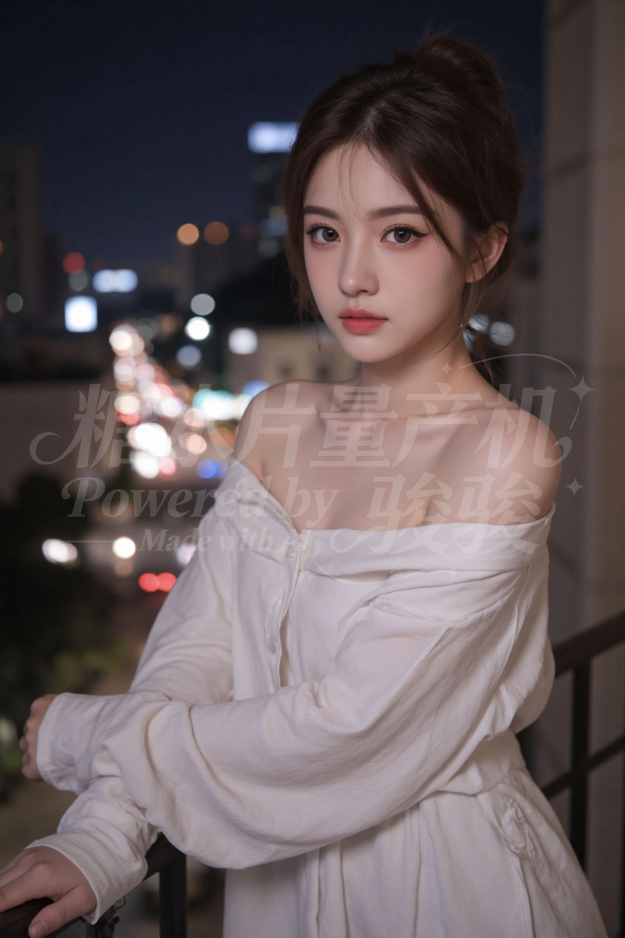 紫藤花瀑下，银发白裙，手捻花穗