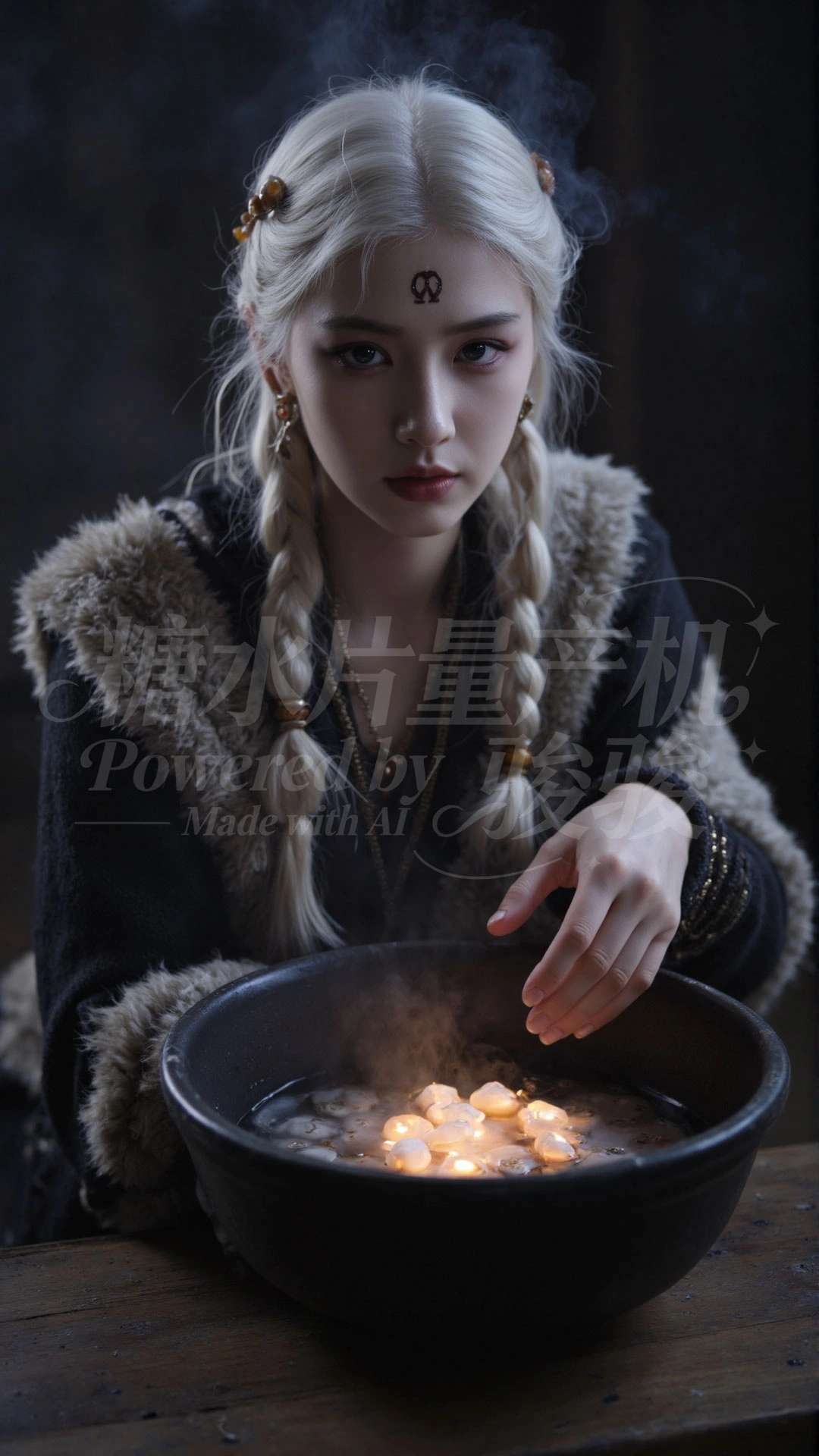 幽暗秘室中，银辫裘衣，手驭火烛