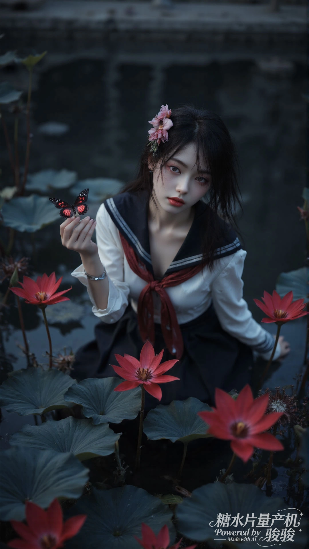 红莲池畔，指尖栖蝶