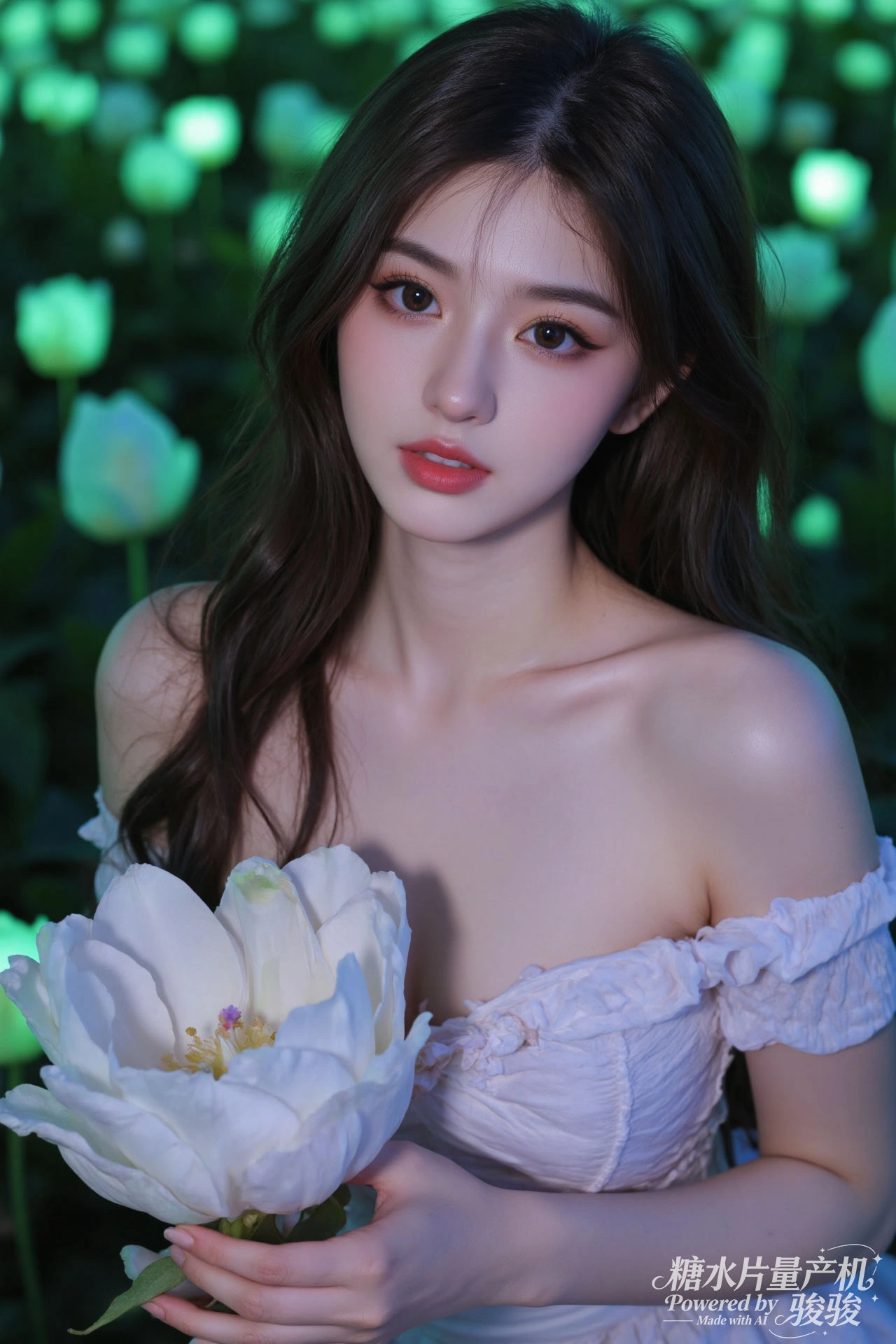 白裙幽婉，花簇清灵，萤光曳绿，夜园如梦