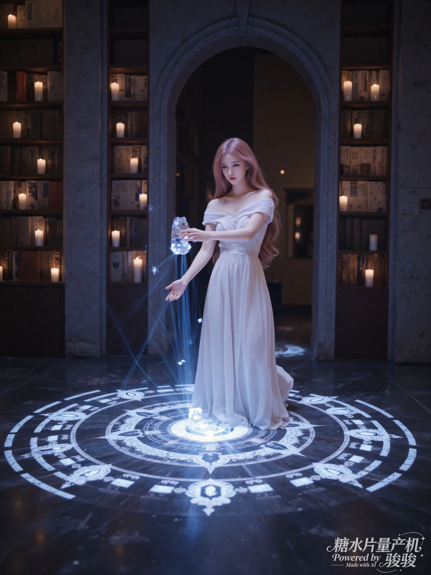 粉袍柔美，狮旁笃定，执笔绘梦，反差绝韵