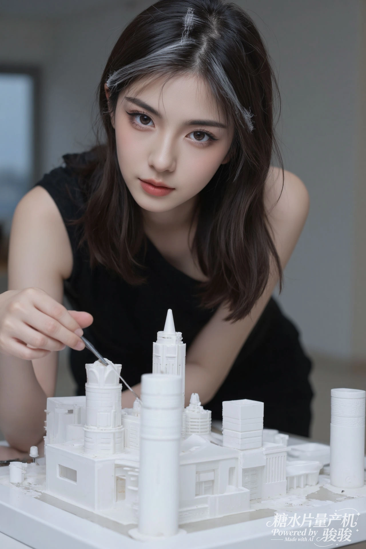 粉袍柔美，狮旁笃定，执笔绘梦，反差绝韵