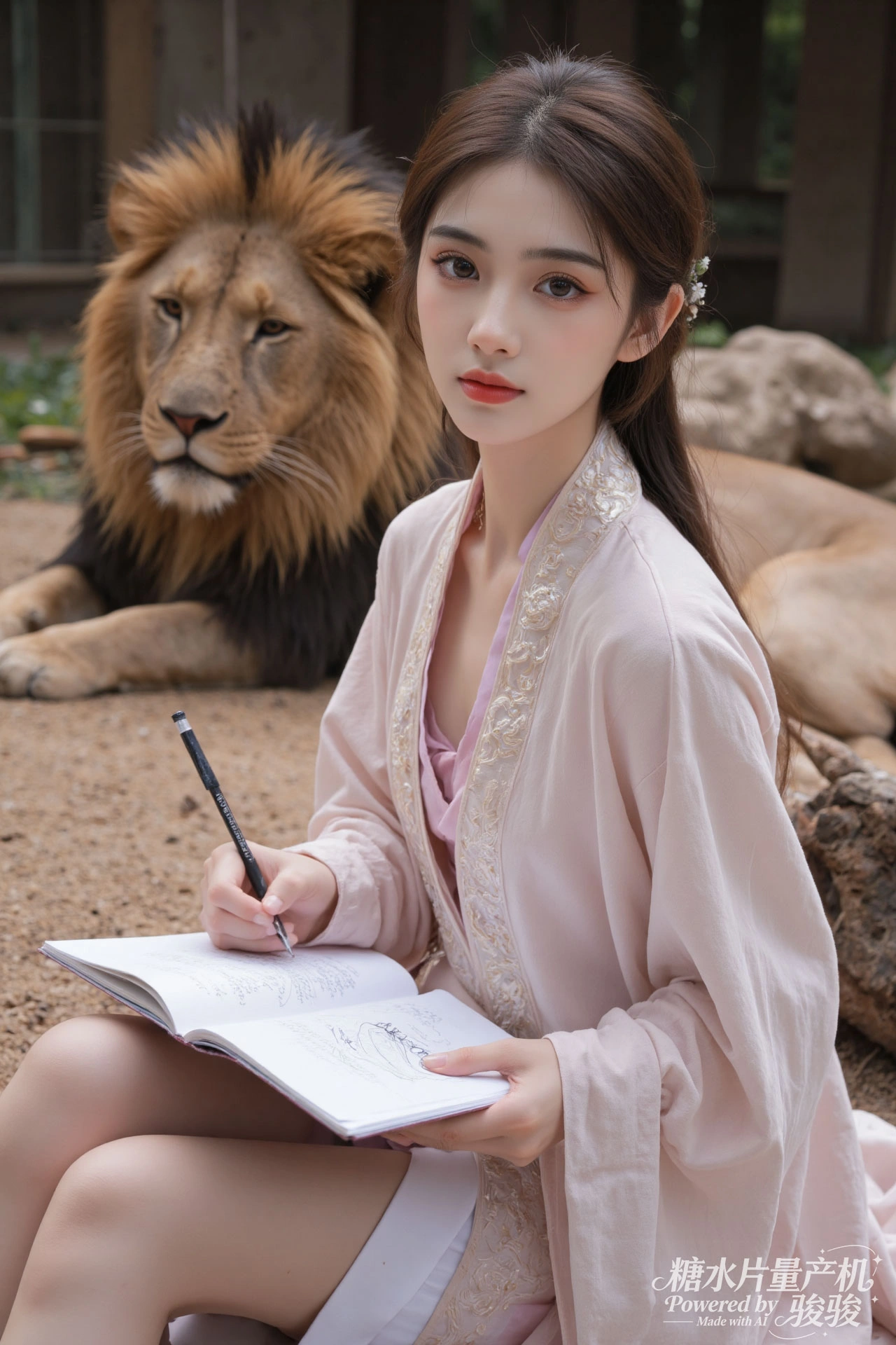 粉袍柔美，狮旁笃定，执笔绘梦，反差绝韵