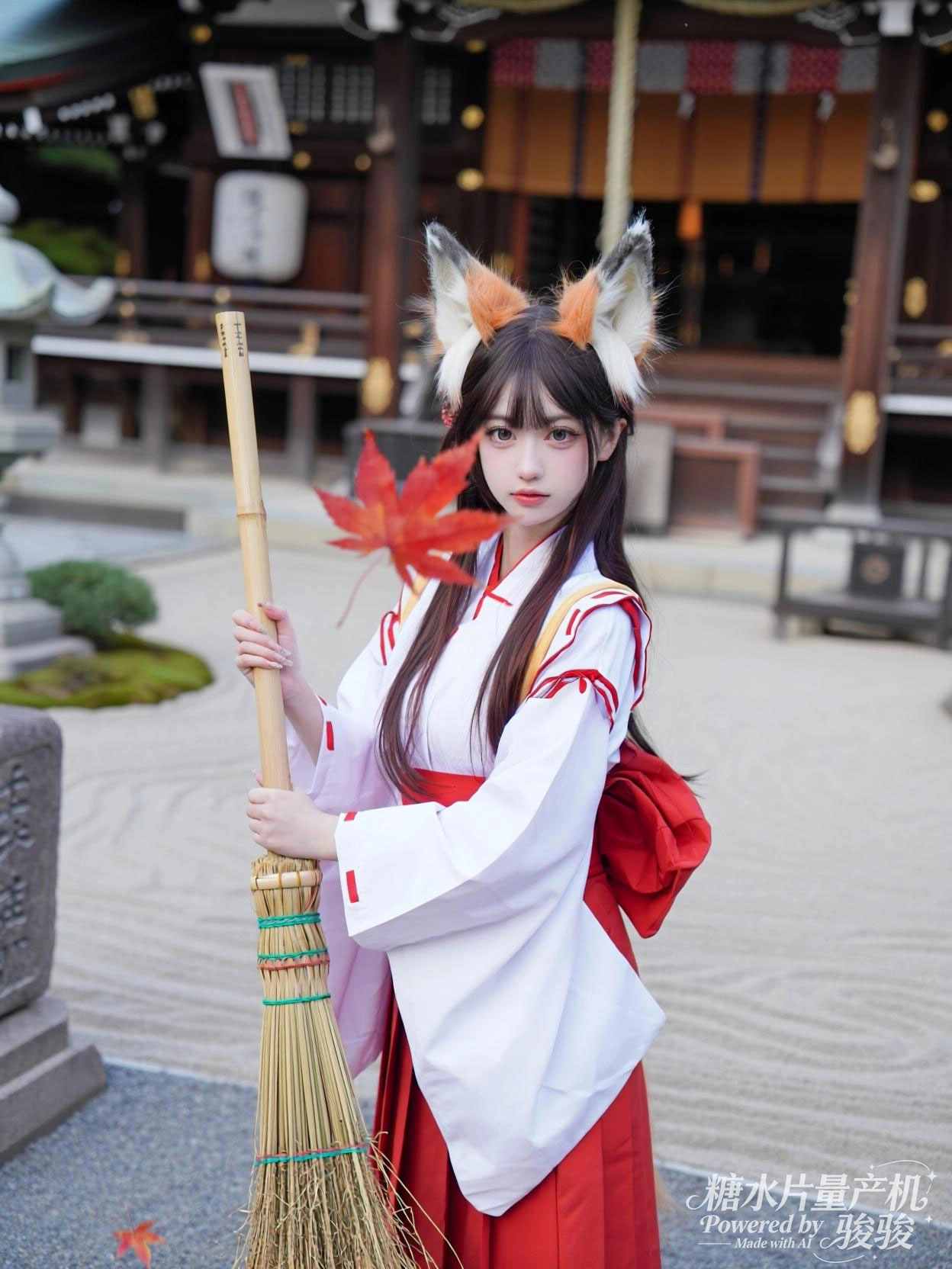 神社狐影，巫女雅妆；枫红帚韵，和风灵腔