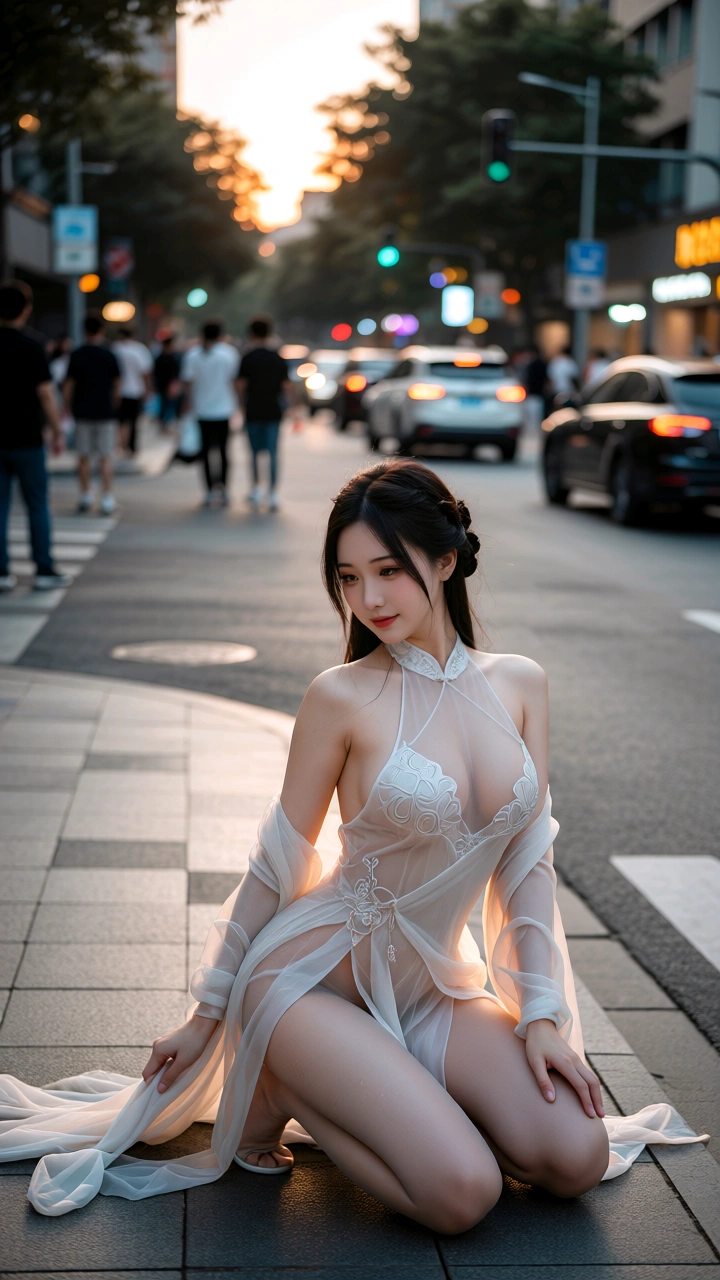 《古风纱衣佳人于都市黄昏街市间的妩媚与雅致交融》