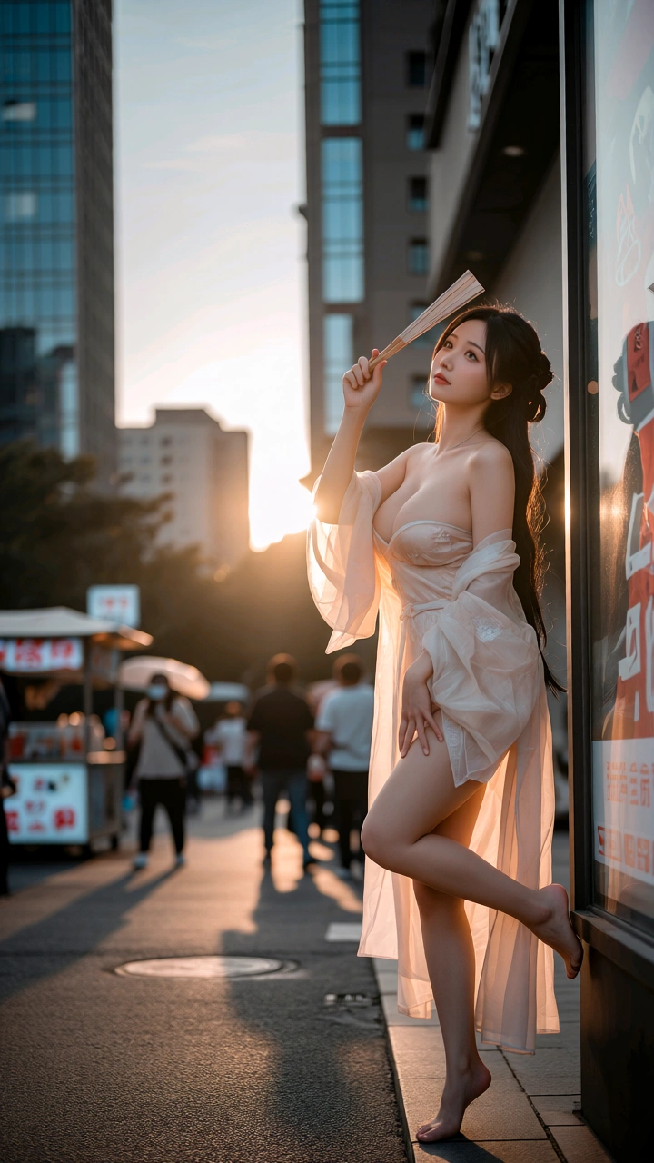 《古风纱衣佳人于都市黄昏街市间的妩媚与雅致交融》