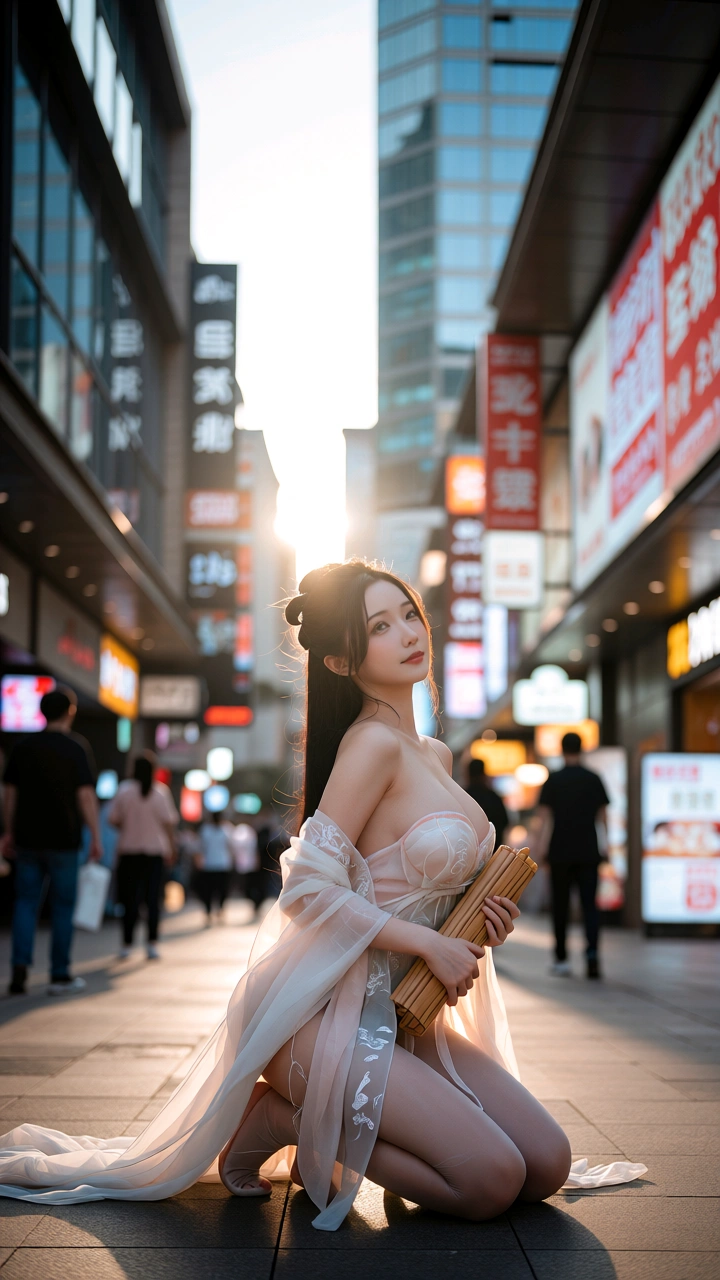 《古风纱衣佳人于都市黄昏街市间的妩媚与雅致交融》