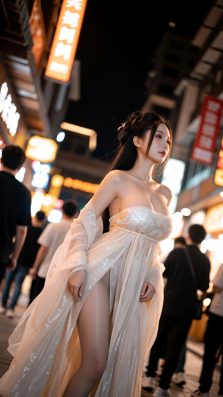 《古风纱衣佳人于都市黄昏街市间的妩媚与雅致交融》二