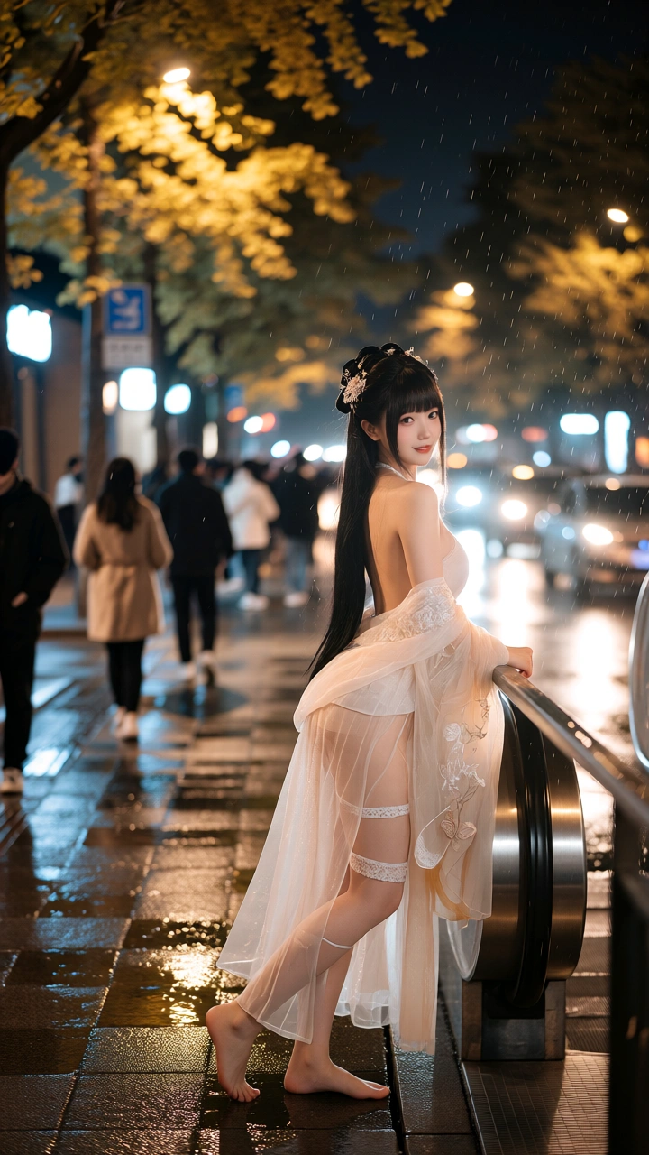《古风纱衣佳人于都市黄昏街市间的妩媚与雅致交融》二