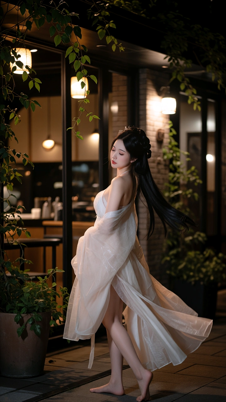 《古风纱衣佳人于都市黄昏街市间的妩媚与雅致交融》二