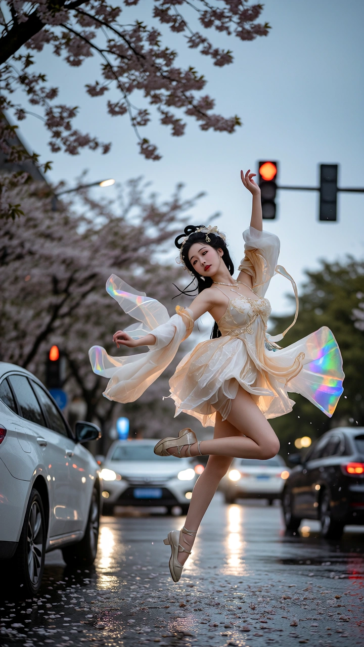 《古风纱衣佳人于都市黄昏街市间的妩媚与雅致交融》二