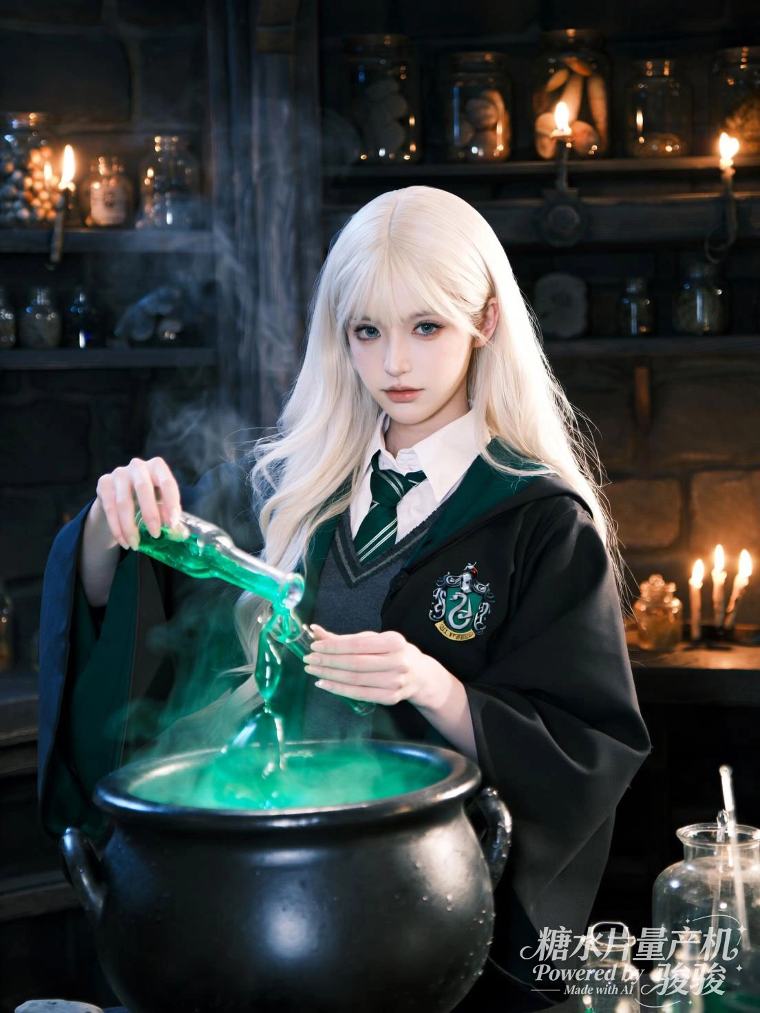 斯莱特林校服调配绿液，药罐腾起青烟，在复古烛火与神秘药剂交织中，魔法世界里神秘 ...