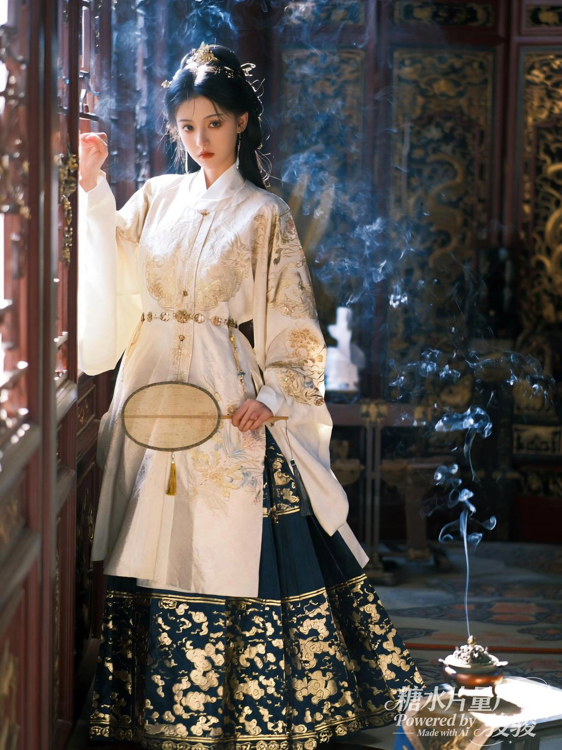 金纹汉服执团扇，青烟袅袅萦绕，在雕梁画栋与华贵纹饰交织中，东方古典里雍容 ...