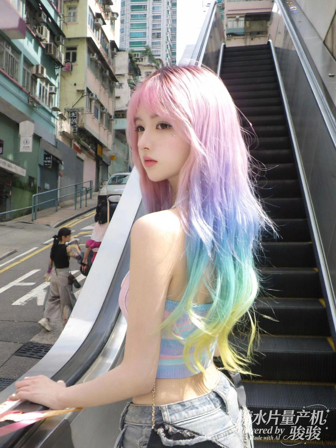 港风的街头扶梯旁，错落的楼宇与市井的烟火交织