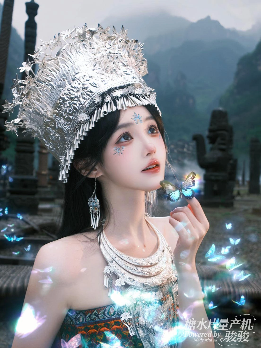 香槟色丝裙，倚着铁艺栏杆，砖墙的斑驳与光影的交错交织