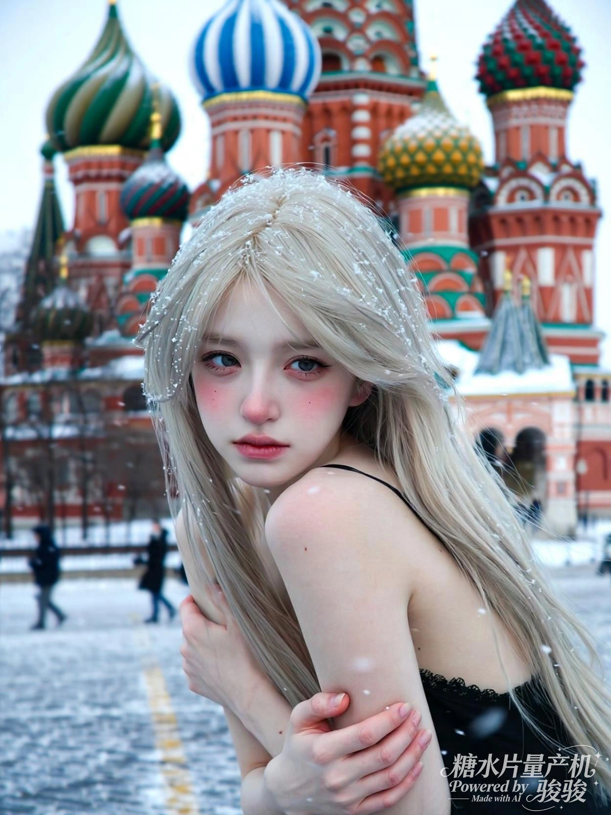 银发落满细雪，冬日的清冷与圣瓦西里大教堂的瑰丽交织
