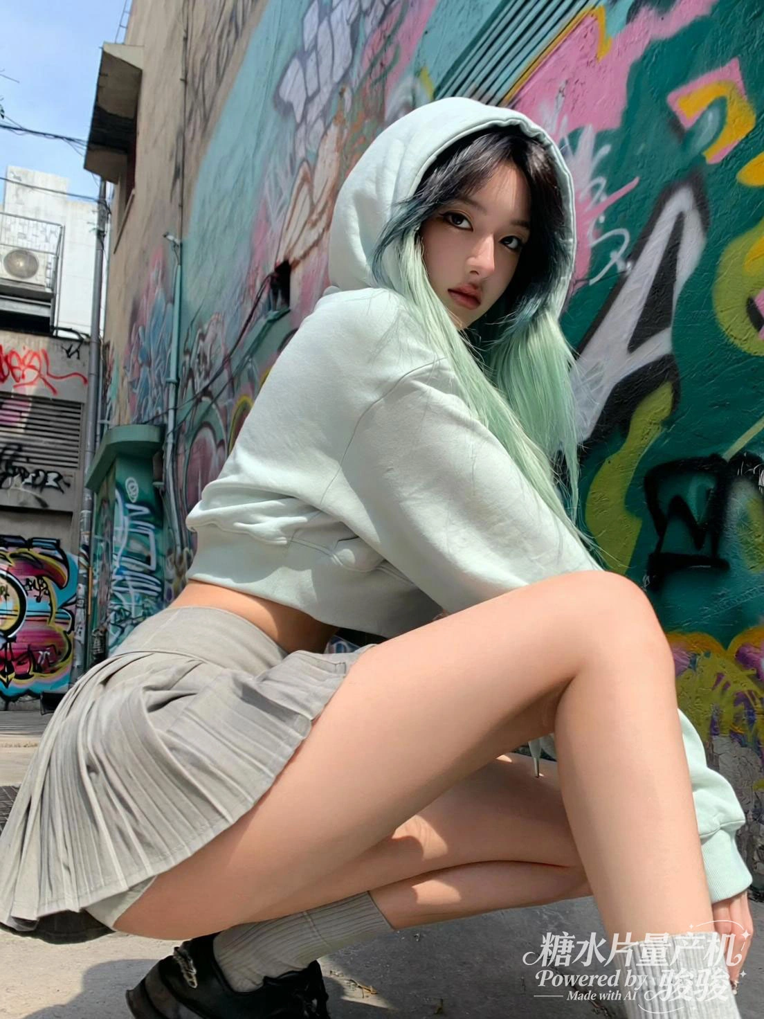 手持相机坐在彩虹色台阶上，残垣的沧桑与穿搭的活力交织