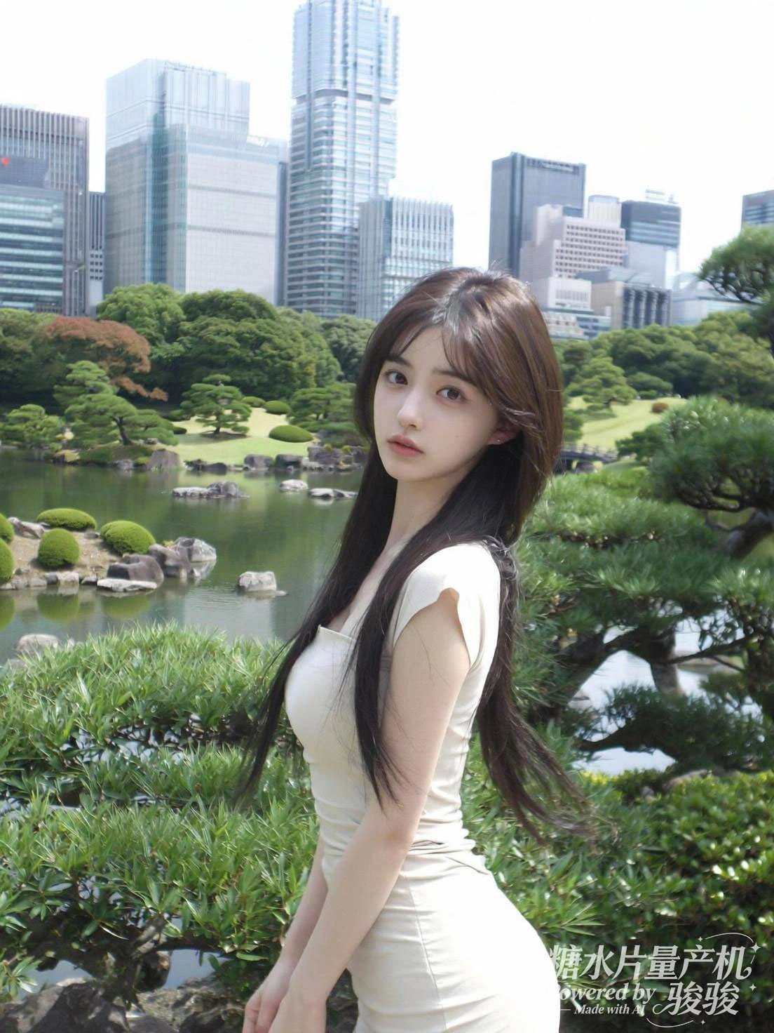 手持相机坐在彩虹色台阶上，残垣的沧桑与穿搭的活力交织