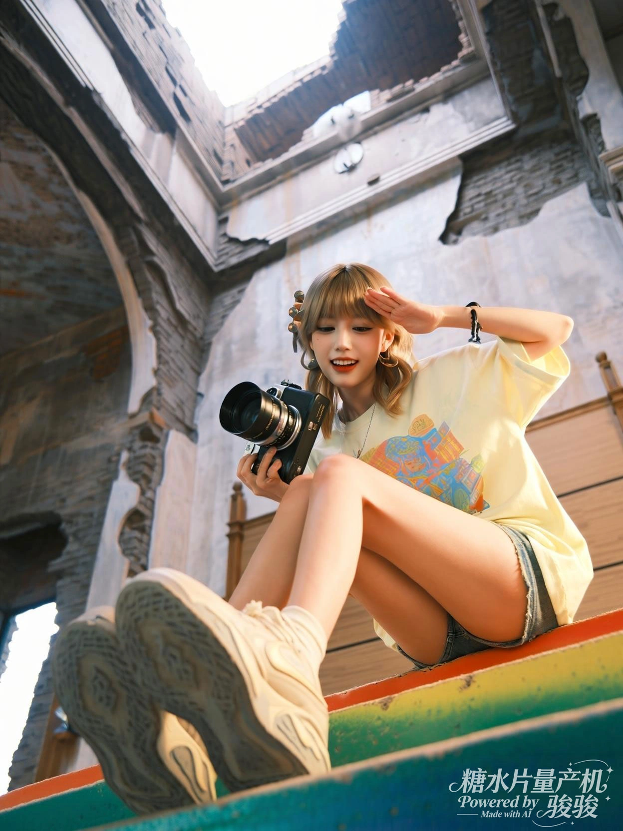 手持相机坐在彩虹色台阶上，残垣的沧桑与穿搭的活力交织