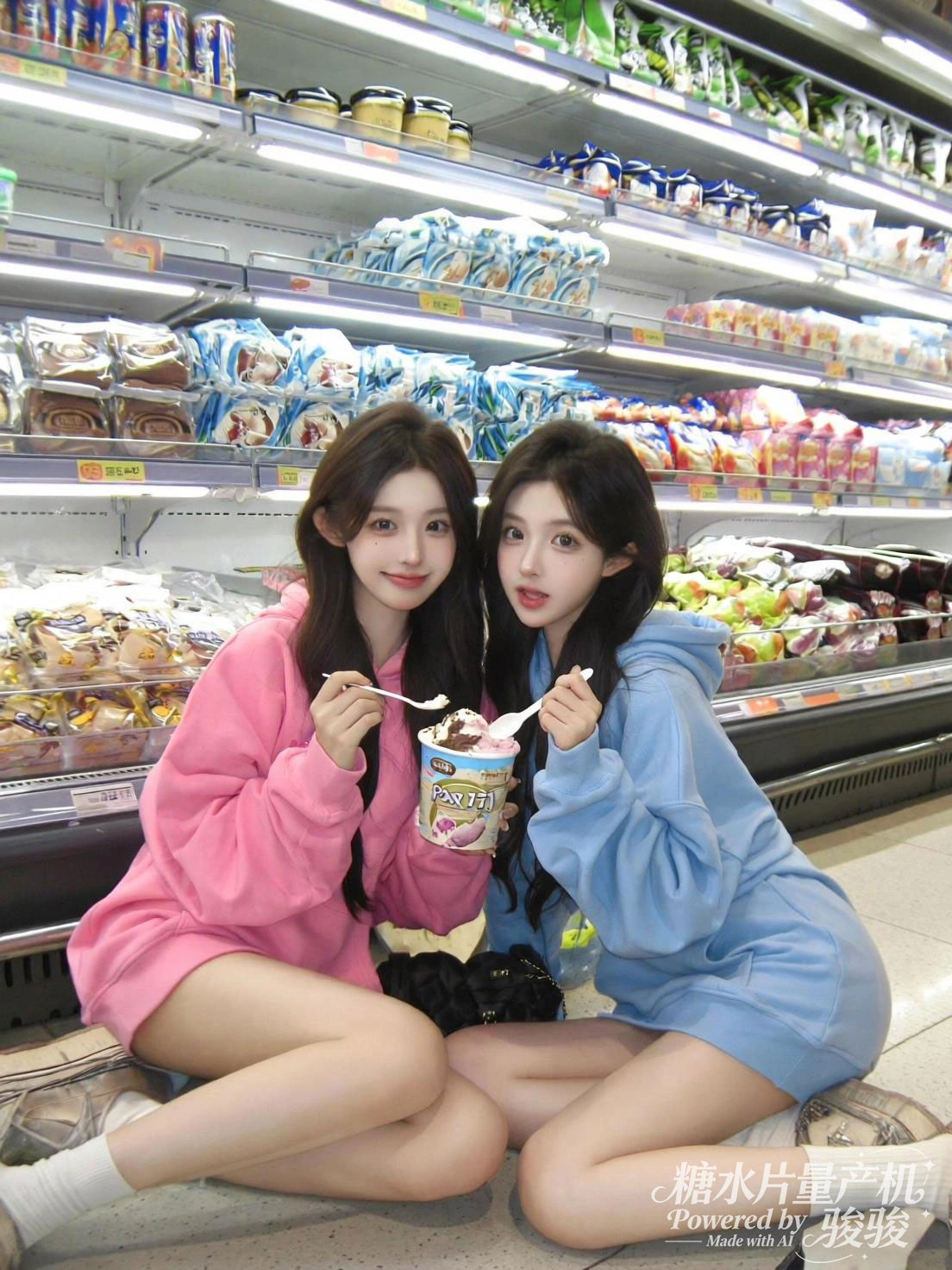 手持相机坐在彩虹色台阶上，残垣的沧桑与穿搭的活力交织