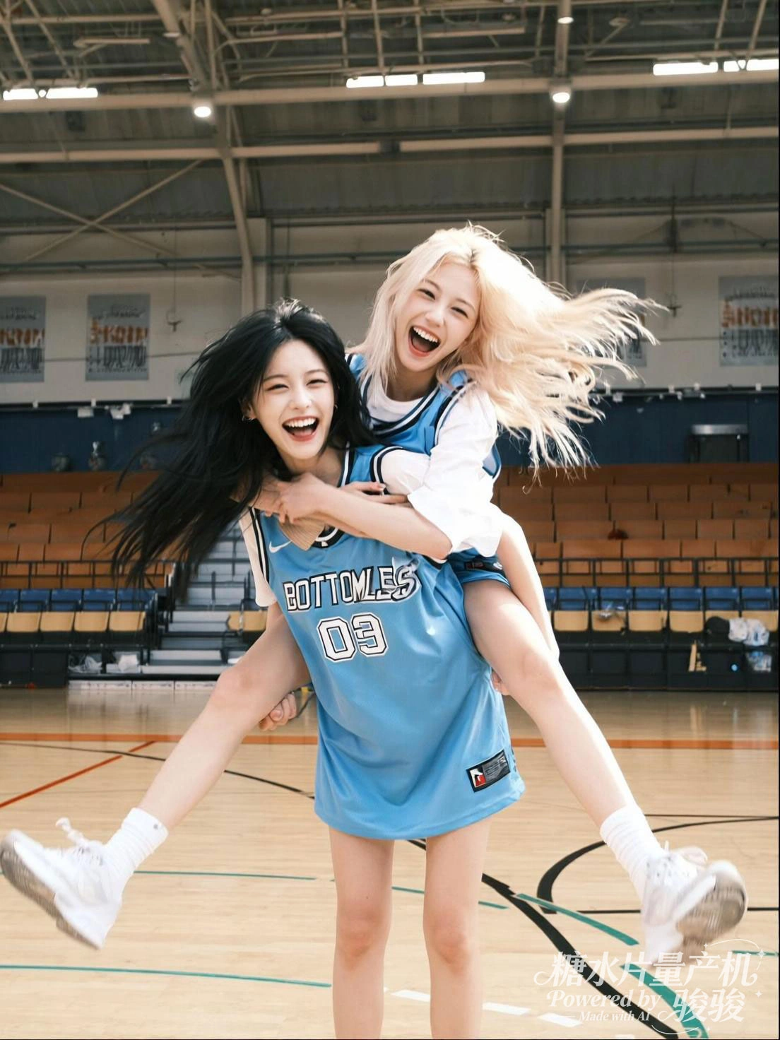 手持相机坐在彩虹色台阶上，残垣的沧桑与穿搭的活力交织