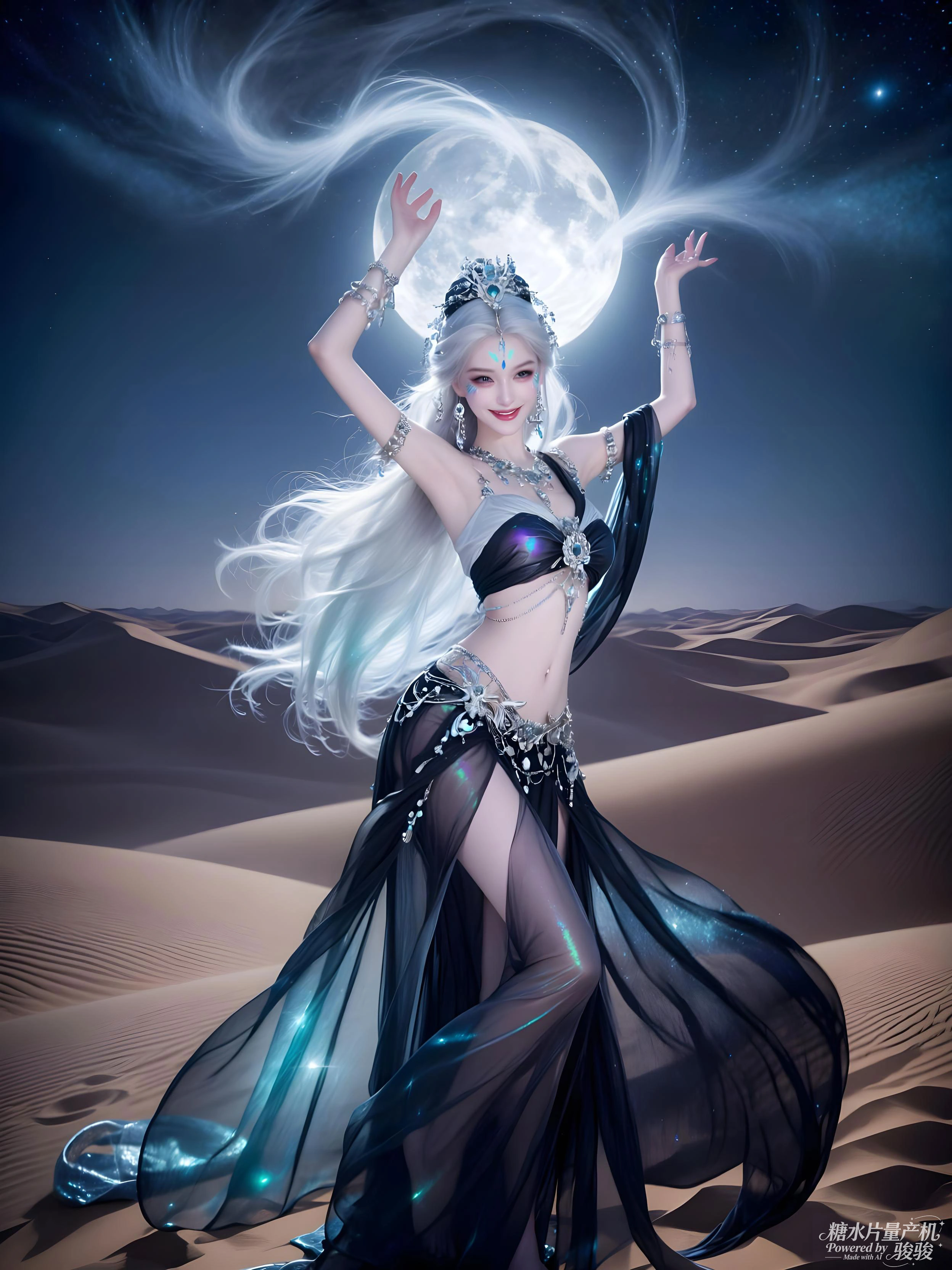 轻纱随舞飘动，星月为幕，沙海的孤寂与舞姿的魅惑交织