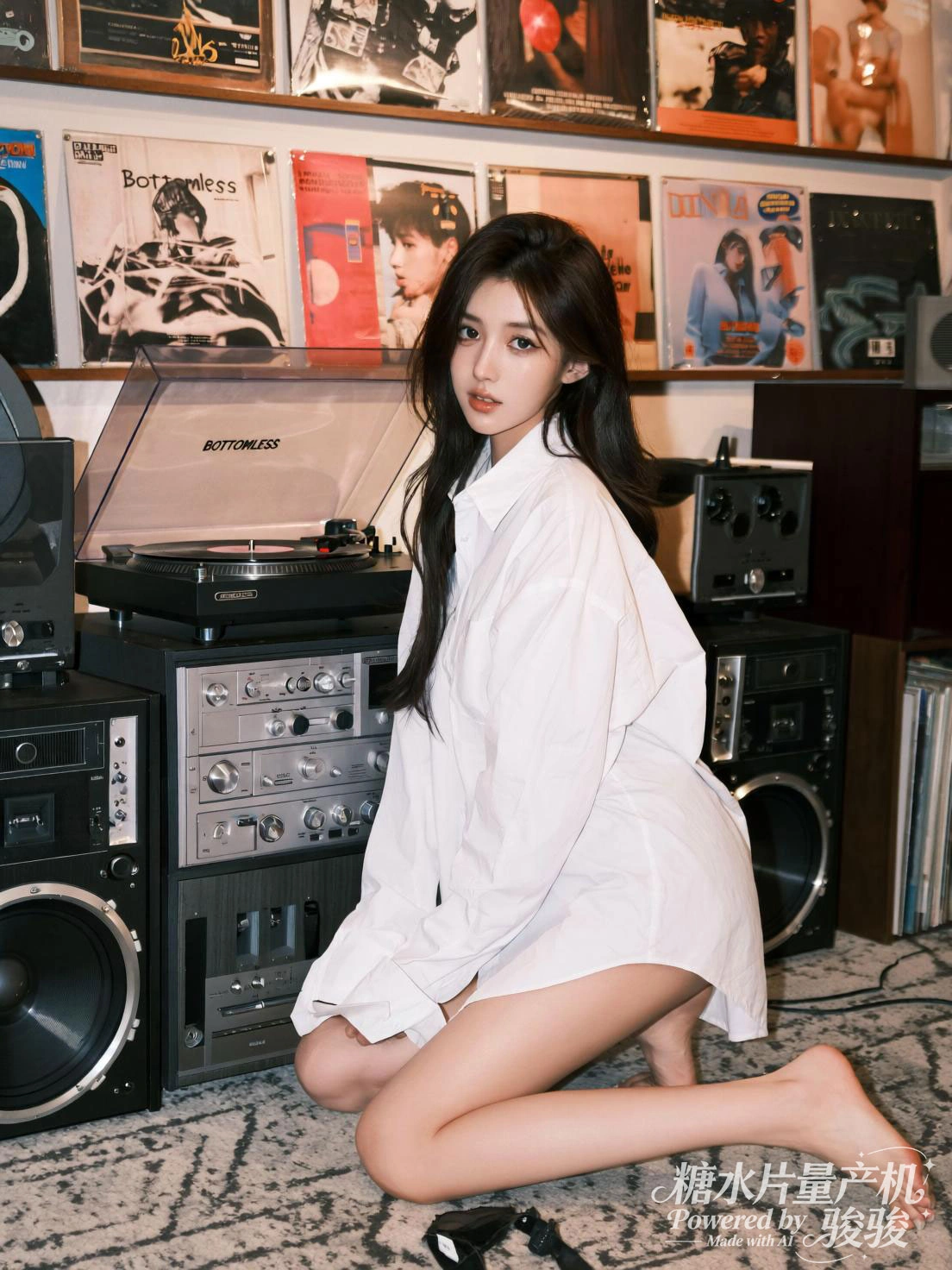 身着白衬衫，赤脚跪于复古音响旁，音乐器材的复古与穿搭的随性交织